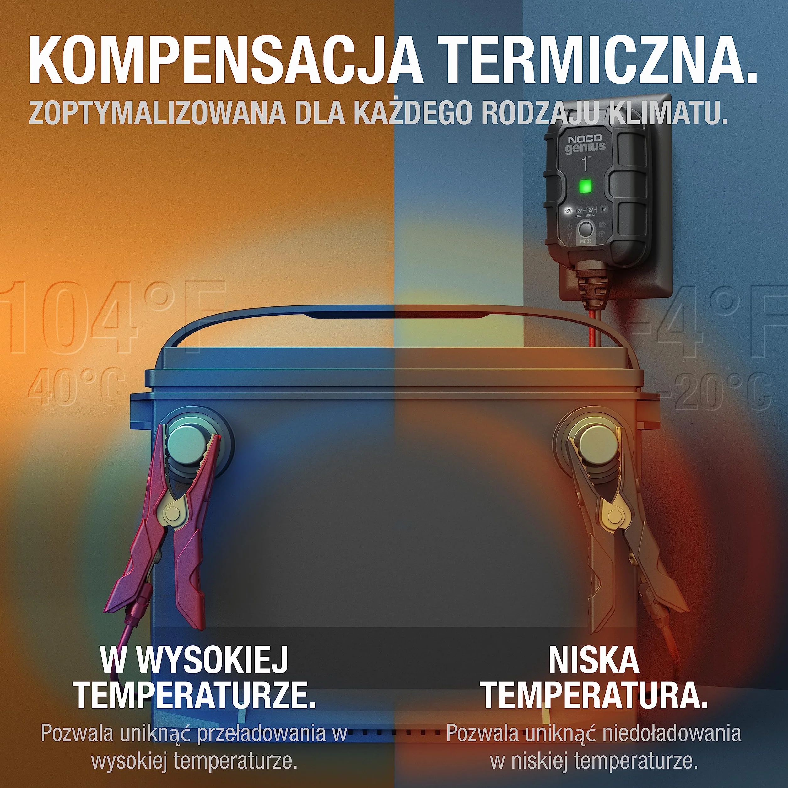 NOCO GENIUS1EU, W Pełni Automatyczna Inteligentna Ładowarka 1A Do Akumulatorów 6V i 12V, Konserwator, Podtrzymująca i Odsiarczająca Z Kompensacją Temperaturową