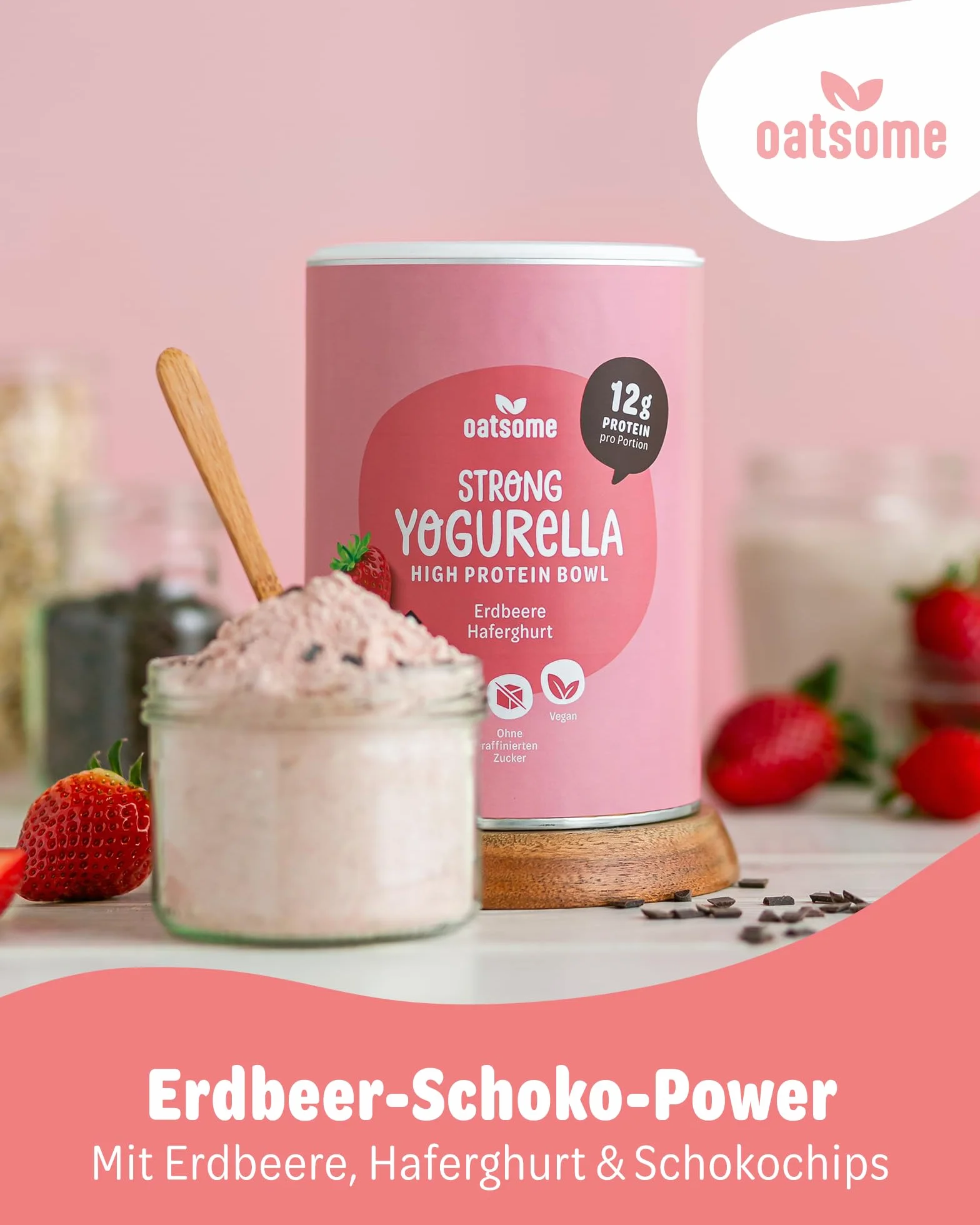 OATSOME Strong Yogurella miska wysokobiałkowa truskawki gurt owsiany czekoladowe chipsy 12 g białka wegańskie bez rafinowanego cukru