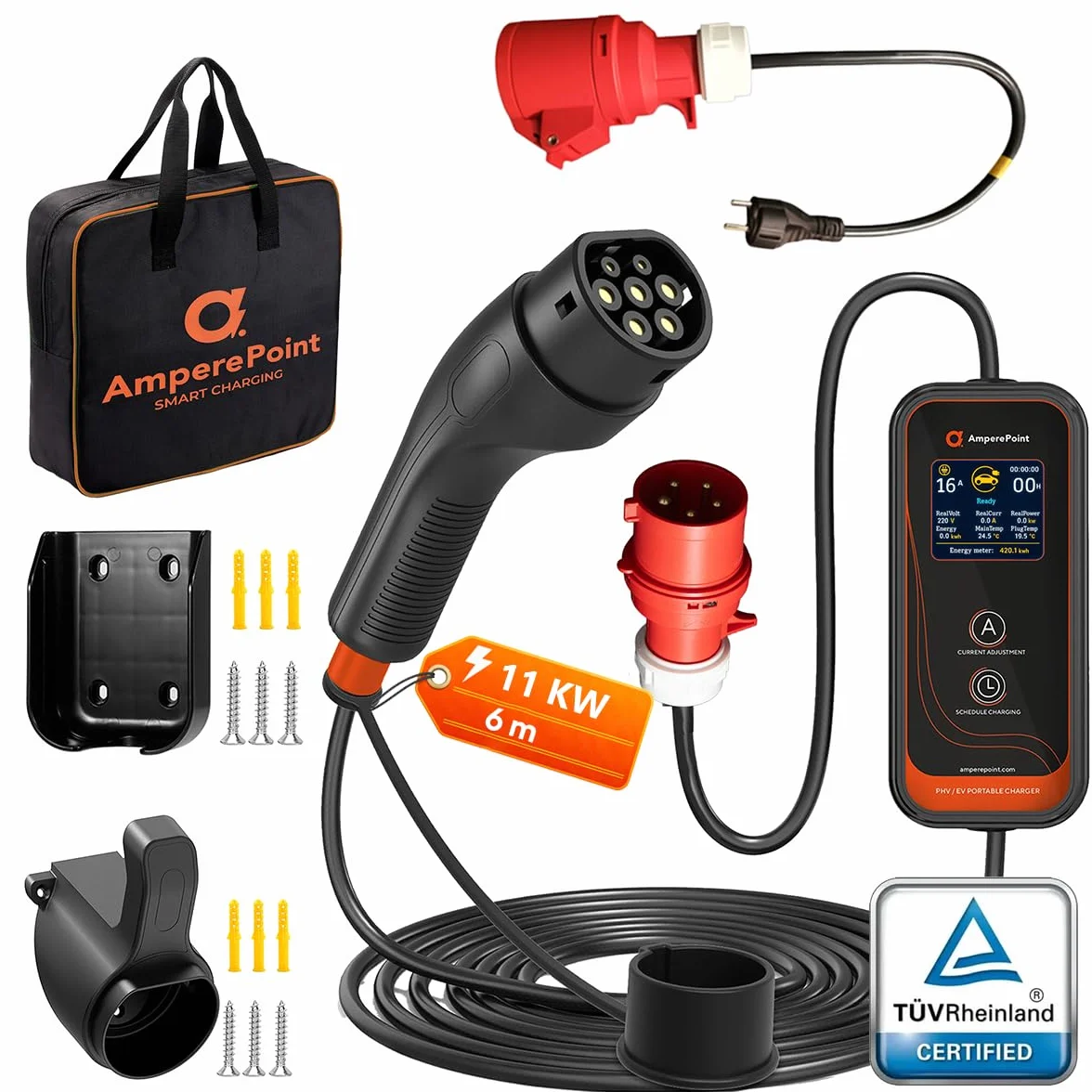 Wallbox Mobilna Ładowarka EV 11 kW 16 A Typ 2, Stacja Ładująca z regulowaną mocą 8-16 A, kabel 6 m, CEE 400 V