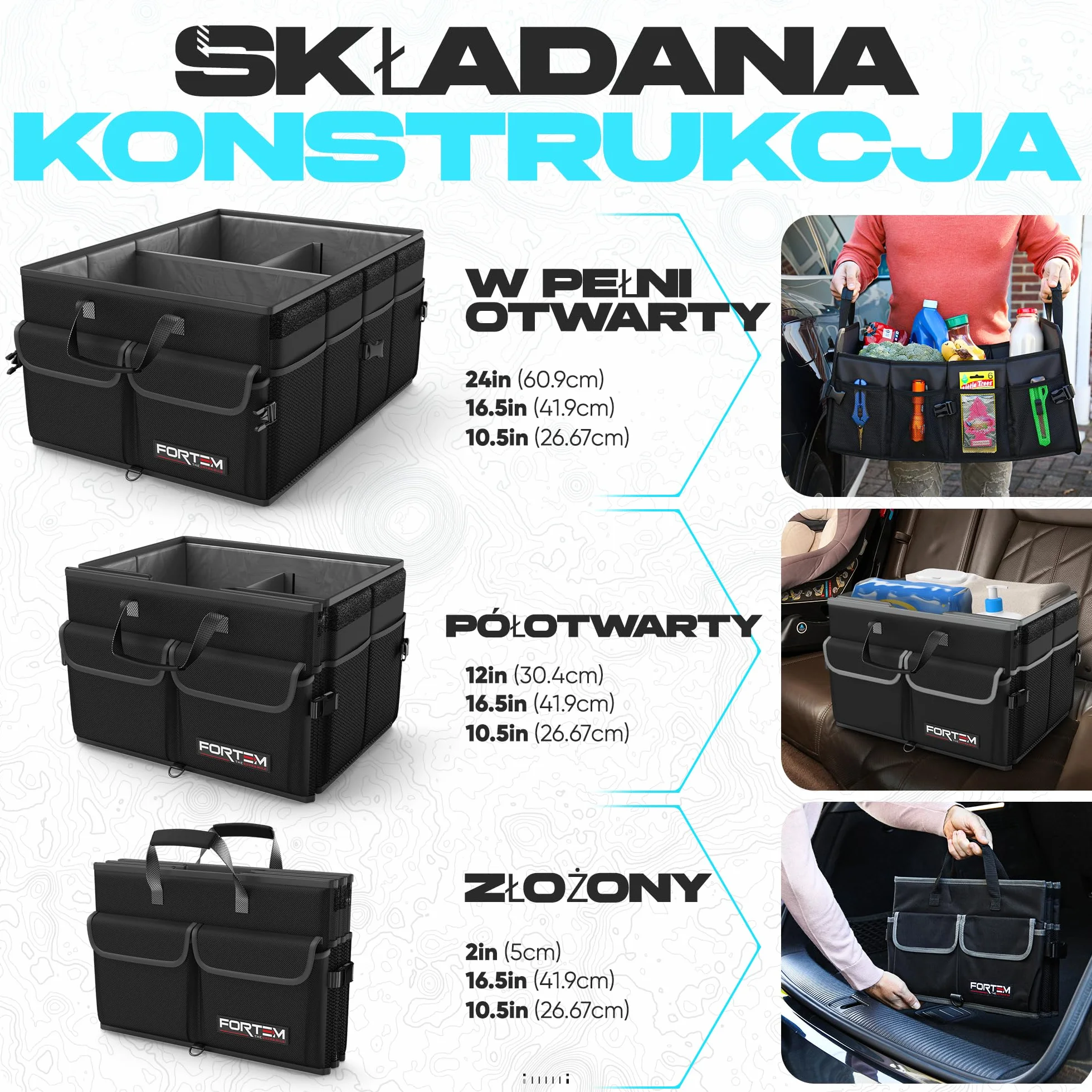 FORTEM Organizer do Bagażnika, Składany Pojemnik Samochodowy do SUV, Torba na Akcesoria Auto, Wielokomorowy Schowek z Materiału 600D Oxford, Antypoślizgowy Spód, Pasy Mocujące, Pokrywa (65L)