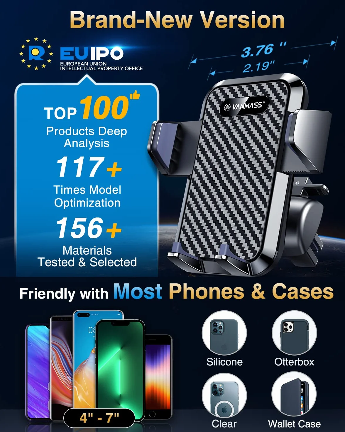 Vanmass samochodowy uchwyt na telefon komórkowy, uchwyt na telefon 3 w 1, na wentylację/przyssawkę, 100% silikonowa ochrona, do iPhone’a / Samsunga / Huawei Mate; LG.