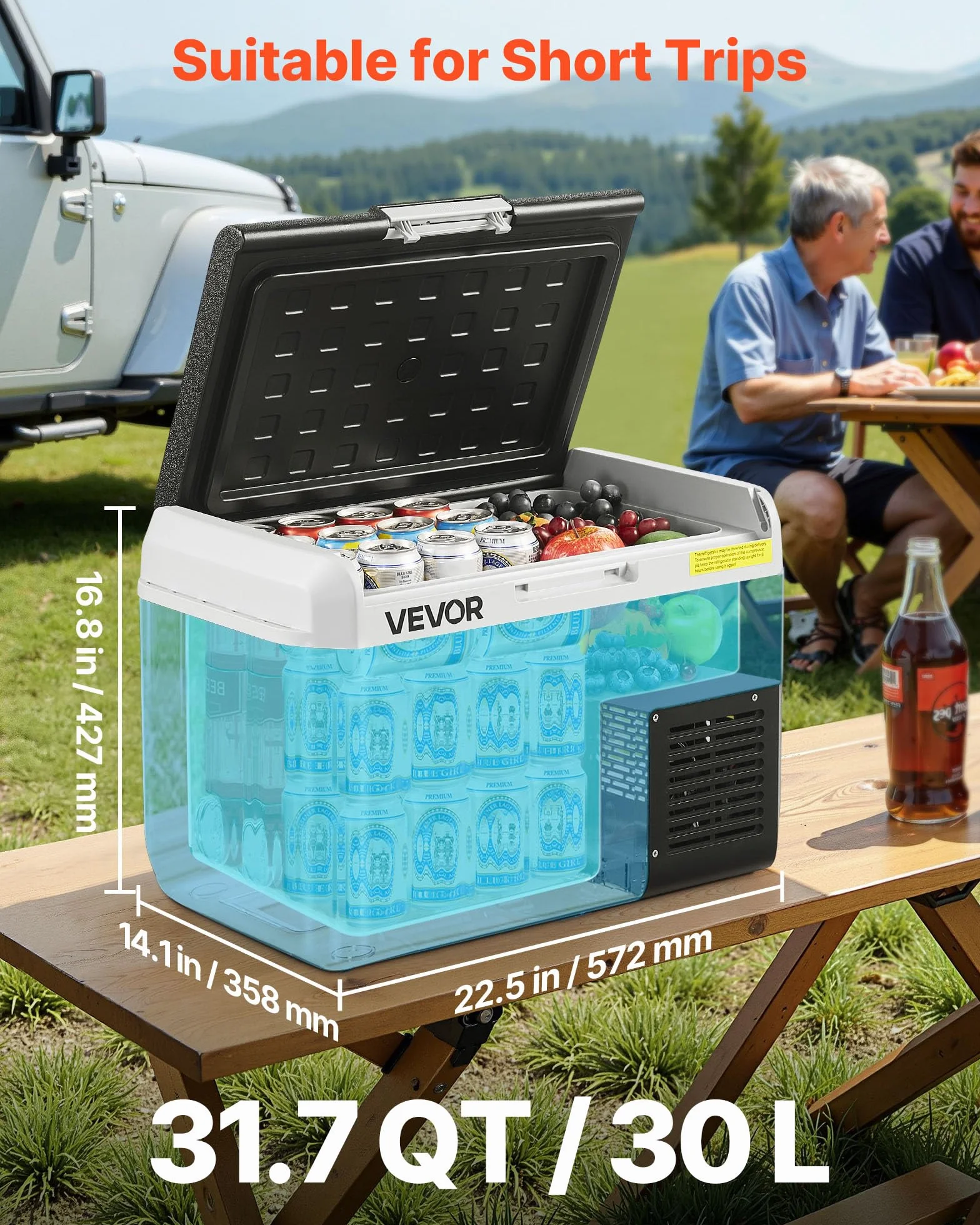 VEVOR Lodówka samochodowa 12 V, lodówka samochodowa 31,7 QT/30 l, przenośna lodówka elektryczna z regulowaną temperaturą -15.6 °C ~ 20.0 °C, 12/24 V DC i 100-240 V AC, sprężarka, zamrażarka na