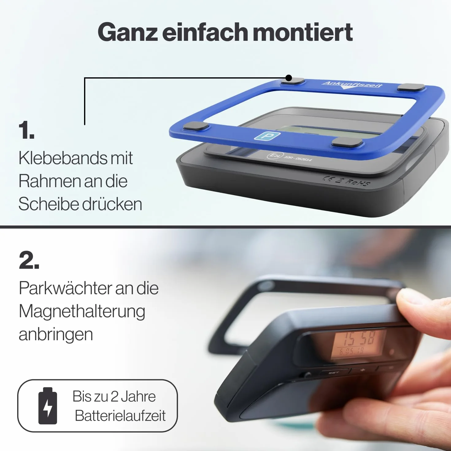 Parkwächter v0 Elektroniczna tarcza parkingowa z dopuszczeniem do ruchu drogowego – automatyczny zegar parkingowy zgodnie z niemieckim prawem o ruchu drogowym – kolor niebieski – 111 x 72 x 25 mm