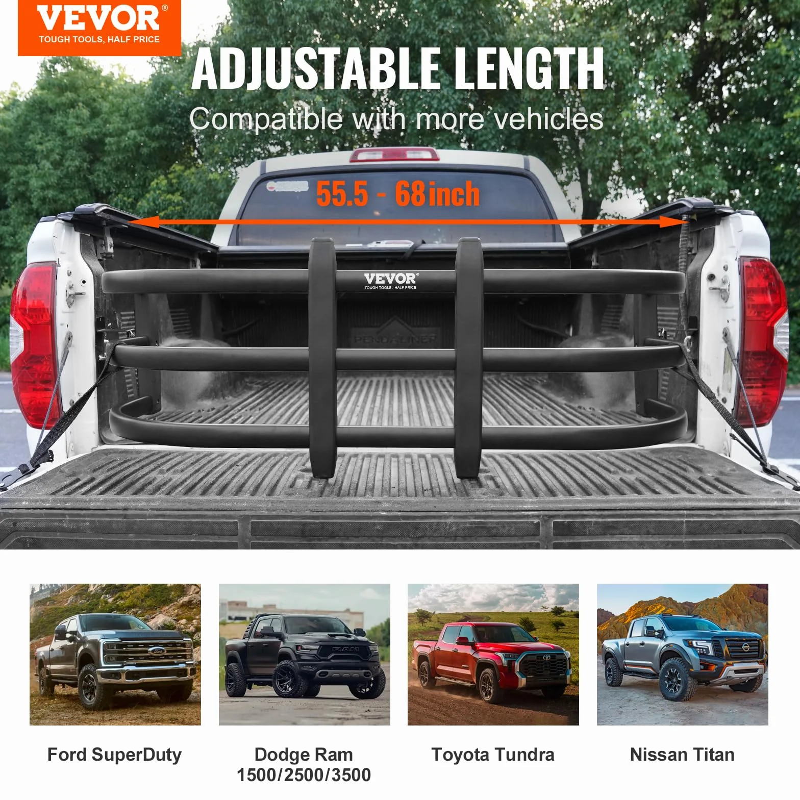 VEVOR Przedłużacz łóżka ciężarówki aluminiowy wysuwany 141-172 cm Ford Super Duty Dodge Ram 1500 2500 3500 Toyota Tundra Nissan Titan Chevrolet