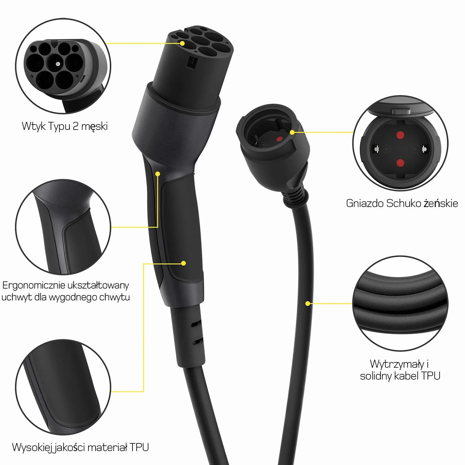 Adapter typu 2 na Schuko [0,6m 16A] do ładowania samochodów elektrycznych, AMI, e-rowerów, e-skuterów, e-motocykli na stacjach ładowania/skrzynkach ściennych | Nie dla V2L