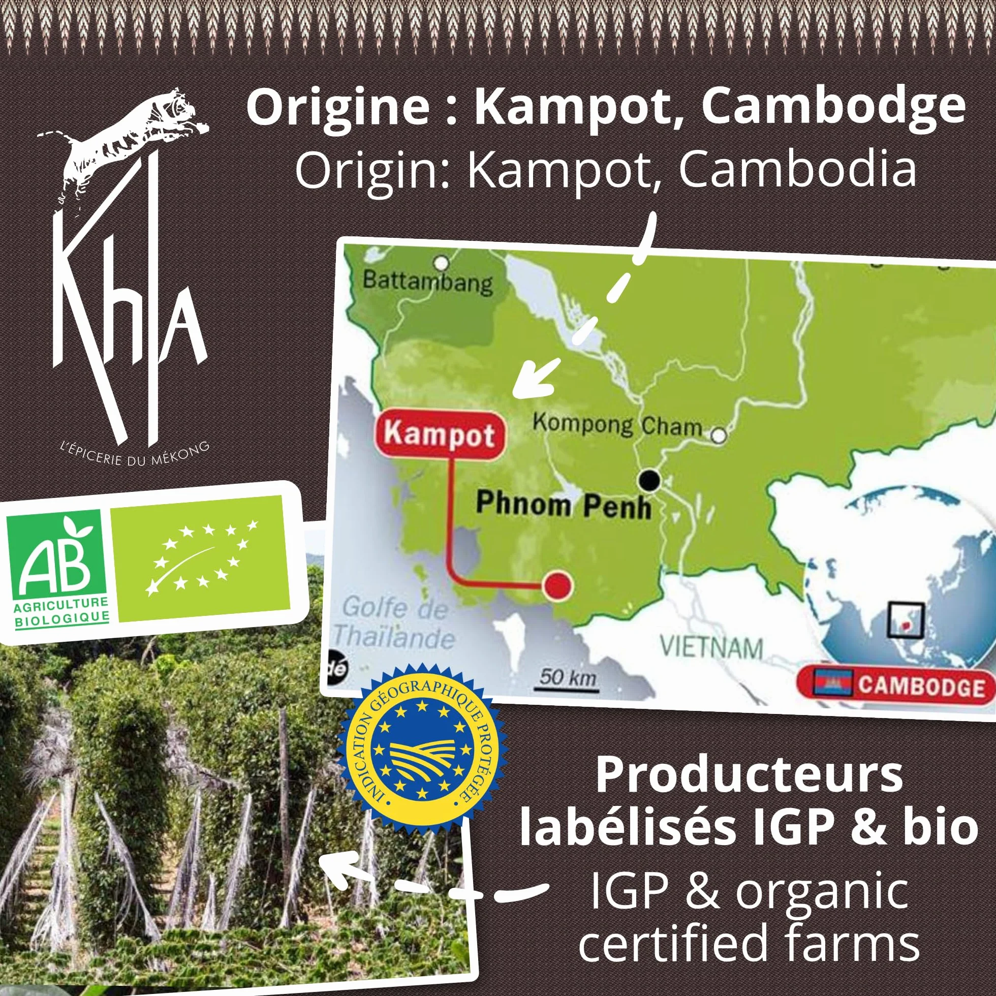 Khla - Kampot pieprz czarny bio 120 g - czarny pieprz całkowicie organiczny - Grand Cru - składnik kuchni - bezpośrednio od producenta - całe ziarna do młynka - z Kambodży