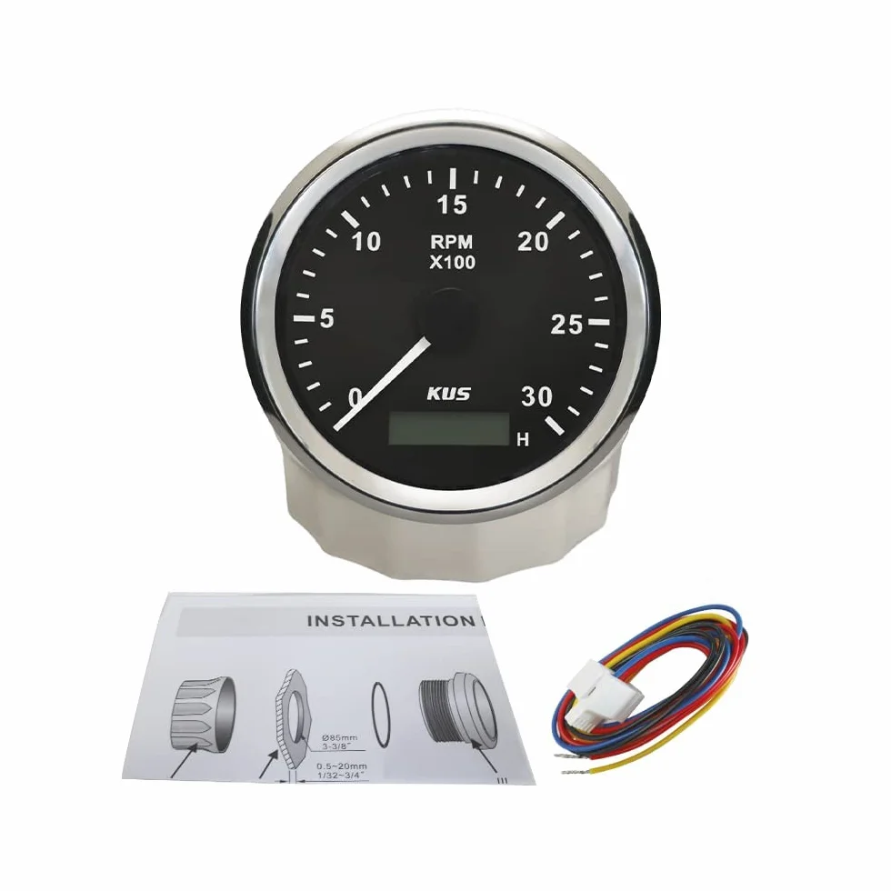 KUS Wasserdichte Drehzahlmesser Drehzahlmesser z Betriebsstundenzähler 3000RPM 85 mm 12 V/24 V Mit Hintergrundbeleuchtung (Czarny)