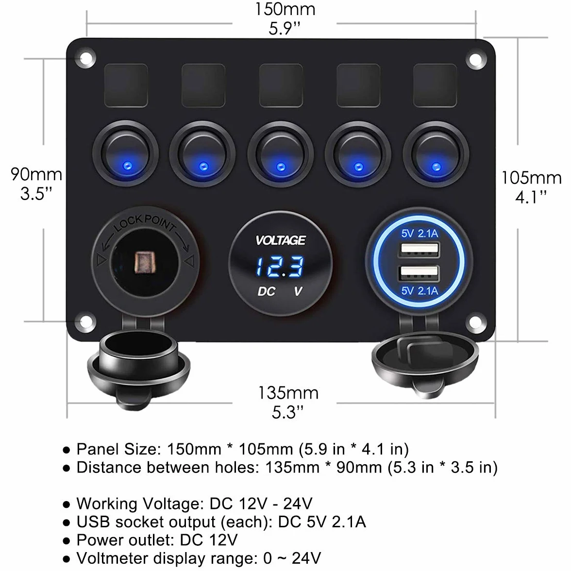 Panel przełącznikowy 12 V/24 V, z przyłączem USB 4,2 A + zapalniczka + wyświetlacz woltomierza, wodoszczelność IP65, przełącznik dźwigienkowy wł./wył. do samochodu, łodzi, samochodów ciężarowych, obwodów sterowania