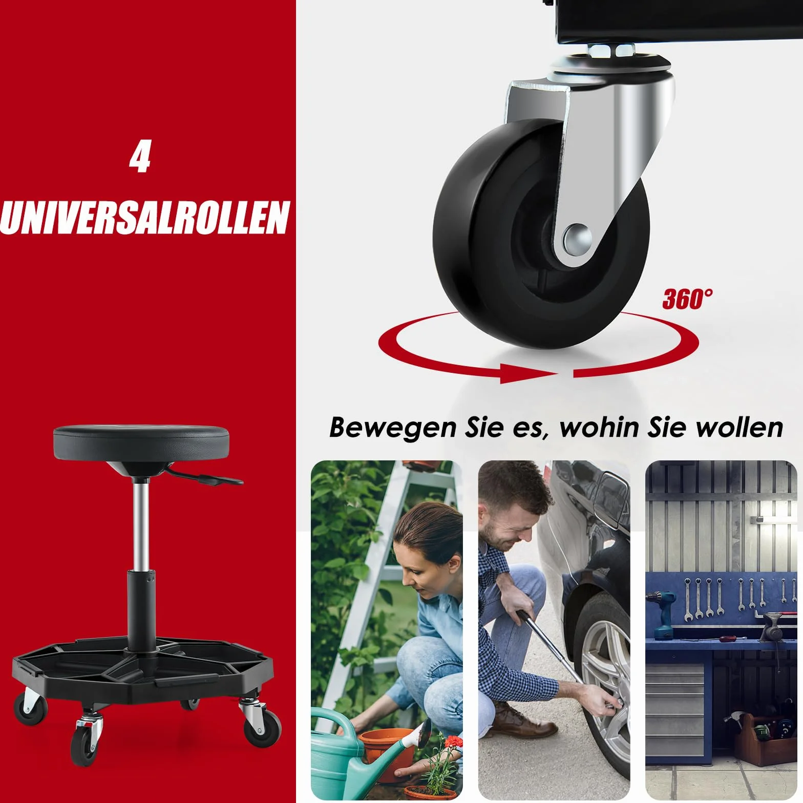 COSTWAY Taboret warsztatowy, fotel warsztatowy, siedzisko na kółkach, obciążenie 150 kg, regulacja wysokości 41-55 cm, siedzisko warsztatowe z półką i 4 kółkami, taboret roboczy na narzędzia