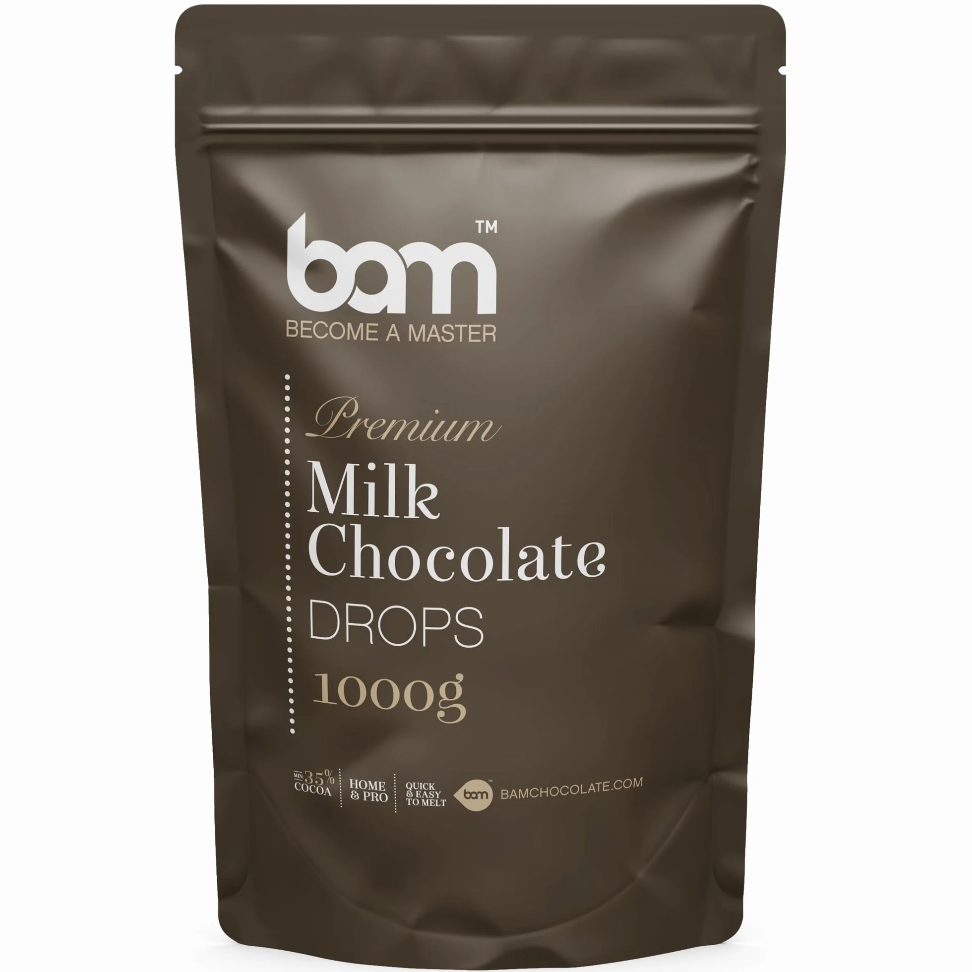 BAM Premium Mleczne Dropsy Czekoladowe, Kaletki, Wiórki do topienia, do domowego i profesjonalnego wypieku, 1 kg
