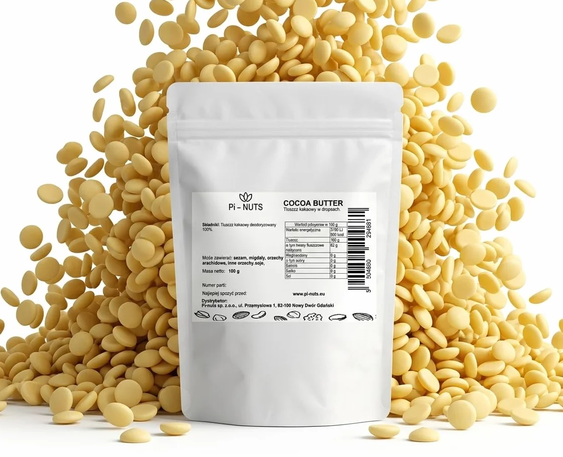 Tłuszcz kakaowy (masło kakaowe) w dropsach 100 g - 100% deodoryzowane, rafinowane, do deserów i kosmetyków