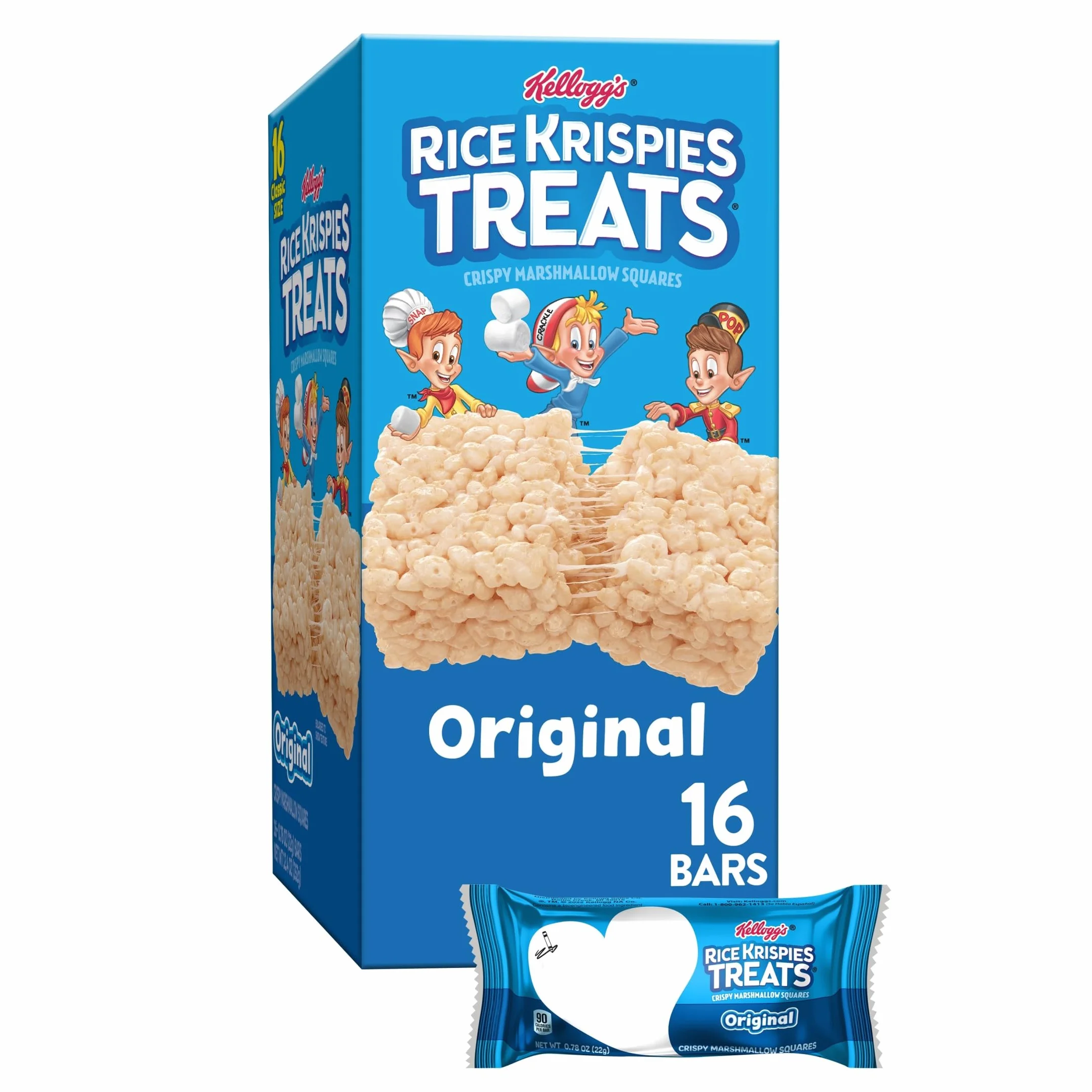 Rice Krispies Treats Crispy Marshmallow Squares, Kids Snacks, Snack Bars, Original, 12.4oz Box (16 Bars)