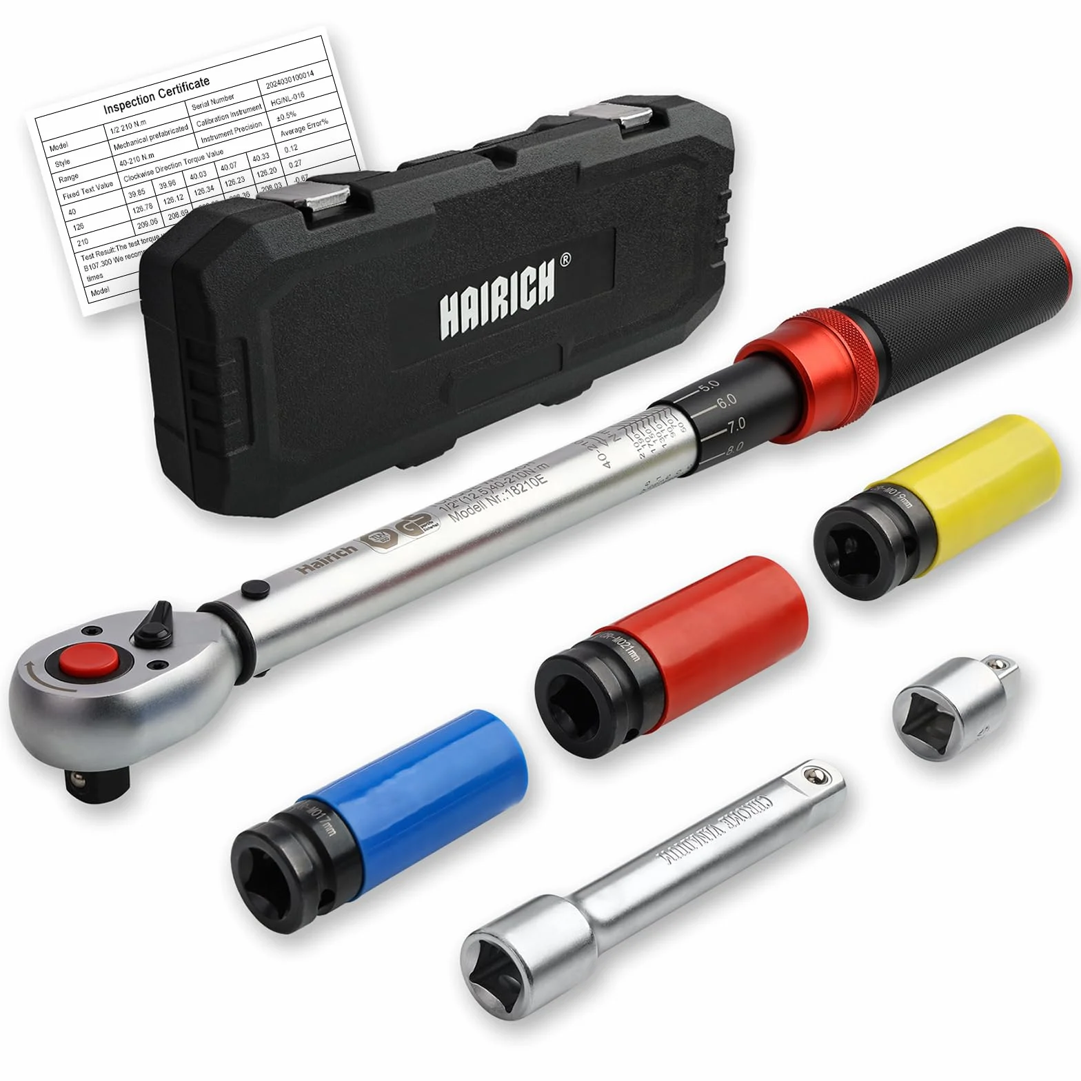 Hairich Klucz dynamometryczny 1/2", klucz nasadowy 40-210 Nm, certyfikat TÜV Süd GS, 6-częściowy zestaw z przedłużeniem 125 mm, adapter 1/2"-3/8" i 3 nasadkami - wymiana opon i motocykli