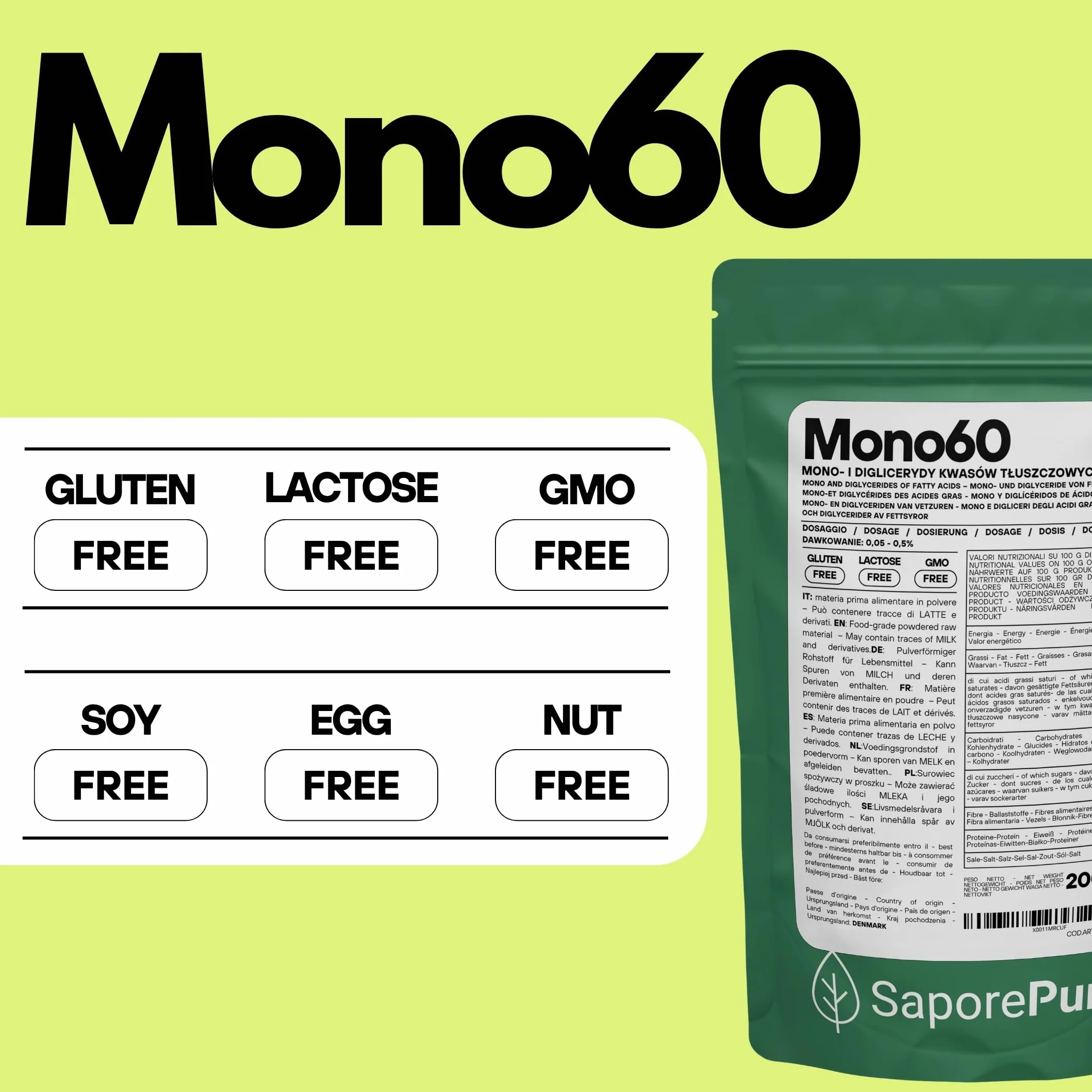 SaporePuro Mono60 – Mono- i Diglicerydy Kwasów Tłuszczowych 200 g – Roślinny, Bezglutenowy Emulgator Spożywczy do Lodów, Sorbetów, Margaryn, Kremów i Wyrobów Cukierniczych