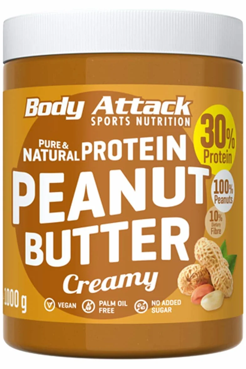Body Attack Protein Peanut Masło, 1 kg, Creamy, wegańskie, naturalne masło orzechowe bez soli i tłuszczu palmowego - niskocukrowy mus orzechowy z 30% białkiem
