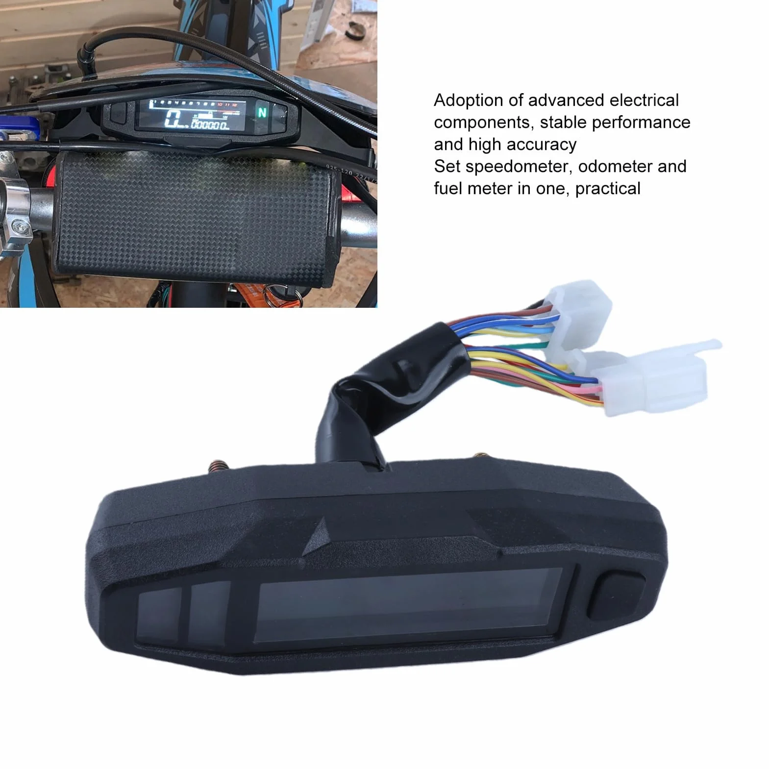 Prędkościomierz motocyklowy, 0-199KM/H 12V wyświetlacz LCD cyfrowy prędkościomierz drogomierz wskaźnik paliwa z podświetleniem, przełączanie kilometrów i mil, wskaźnik cyfrowy