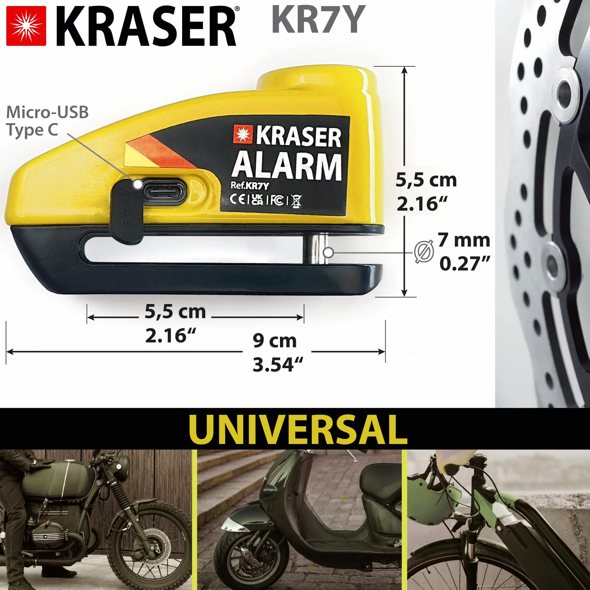 KRASER KR7Y Blokada Tarczy Alarmowej Akumulator, Zabezpieczenie przed Kradzieżą Hamulec Motocyklowy DiscLock, Kabel USB Ładowanie Baterii, Blokada Wciskana Pin ř7mm Bezpieczeństwo, Alarm 110 dB Skuter