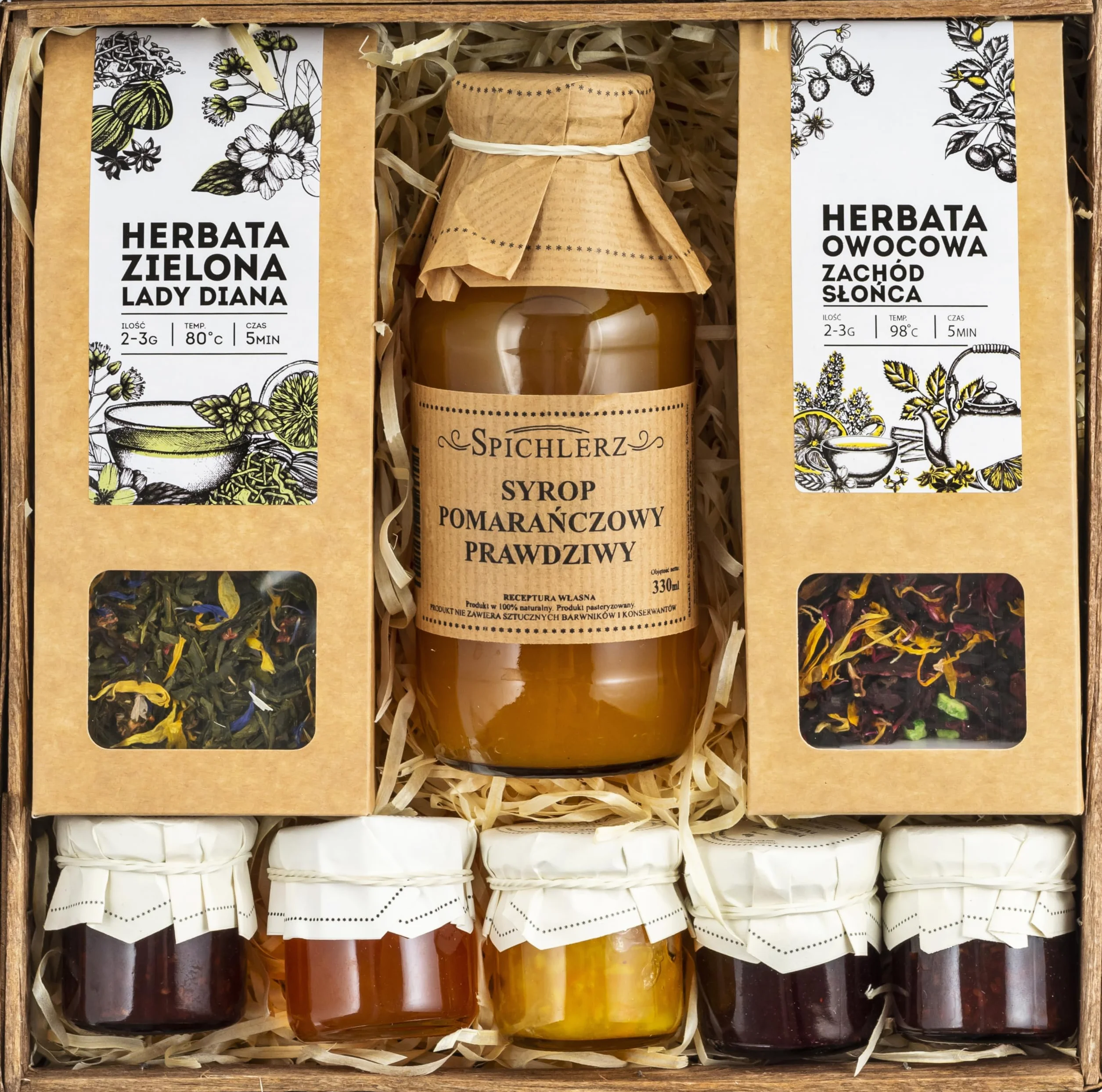 Zestaw herbat liściastych SYROP DO HERBATY konfitury BOX naturalne produkty HERBATA OWOCOWA i ZIELONA BOX PREZENT dla nauczyciela dla rodziców