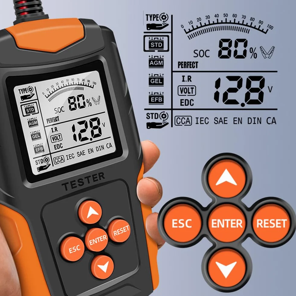 Miernik akumulatora 12V/24V LCD analizator ładowarki narzędzie diagnostyczne do samochodów/pojazdów elektrycznych/ciężarówek/pojazdów technicznych/akumulatorów AGM itp.
