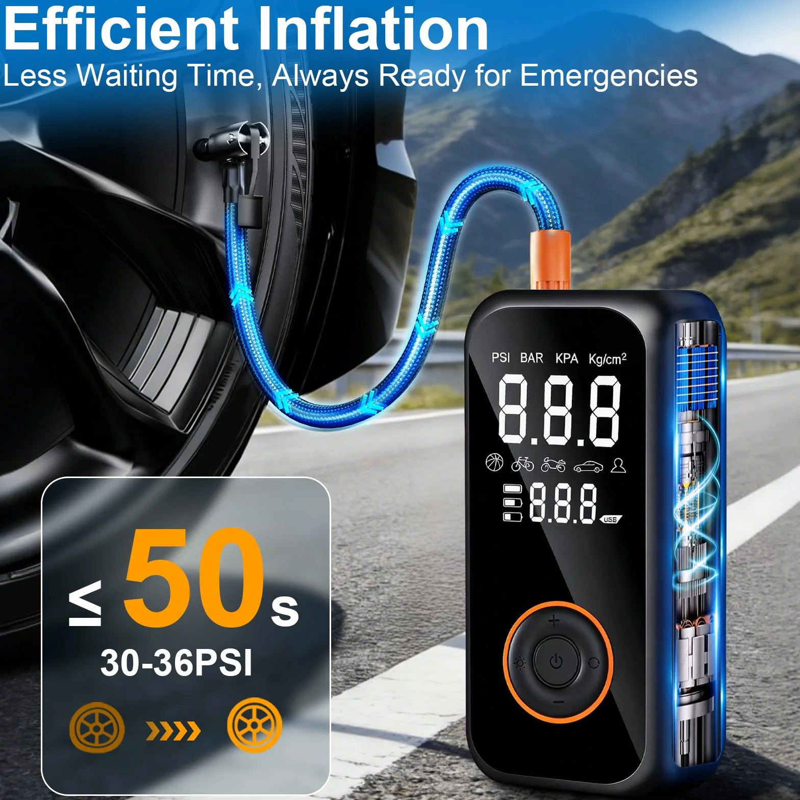 Bezprzewodowa pompka do opon samochodowych, 8000 mAh, mini przenośna sprężarka powietrza, 150 PSI, elektryczna pompa rowerowa z cyfrowym wyświetlaczem LCD i latarką LED, pompka do opon do rowerów