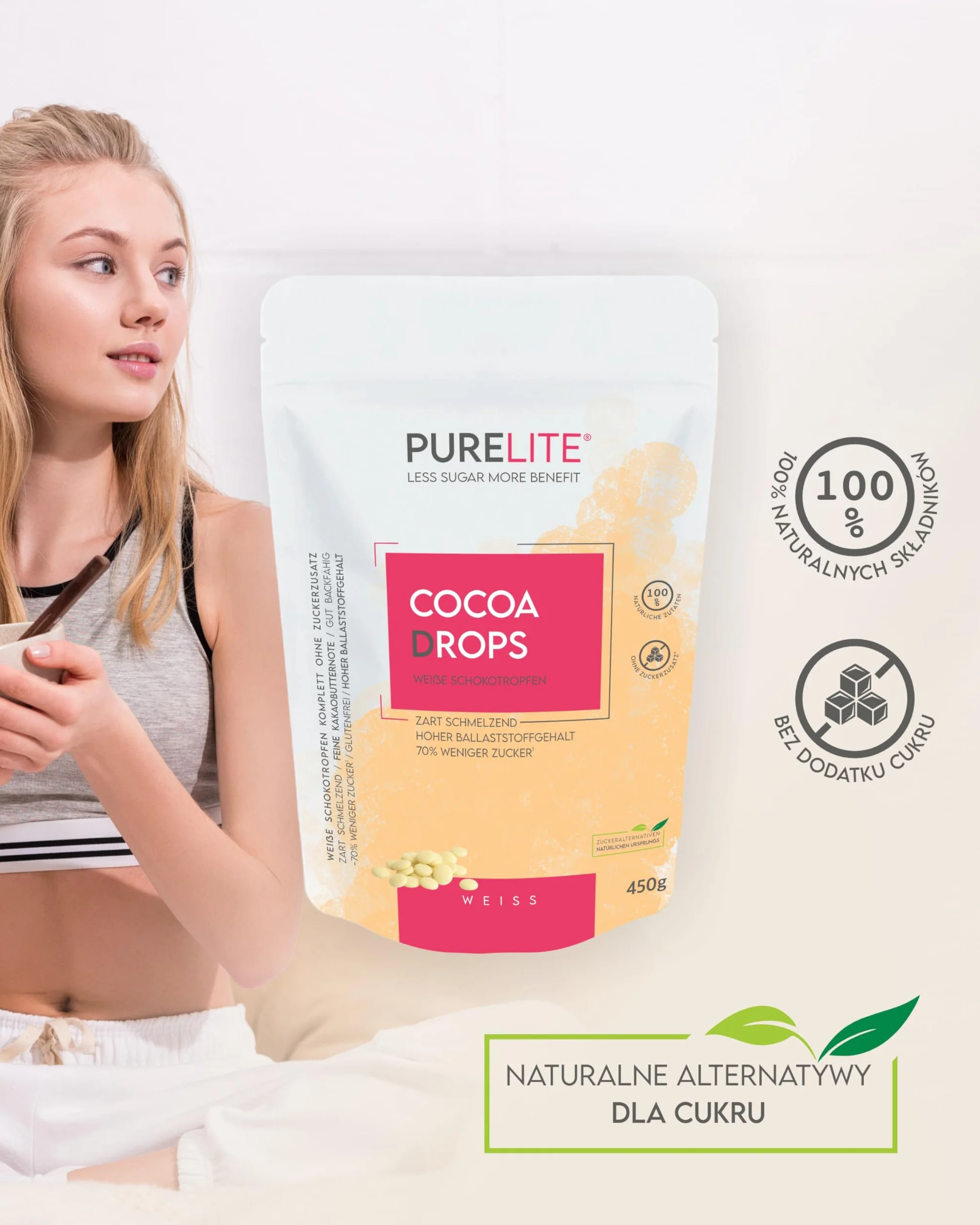 PURELITE Krople Czekoladowe białe – wegetariańskie, białe krople kakaowe bez dodatku cukru, słodzone erytrytolem i stewią, idealne do roztapiania, niskokaloryczne, aż o 70% mniej cukru, 450 g