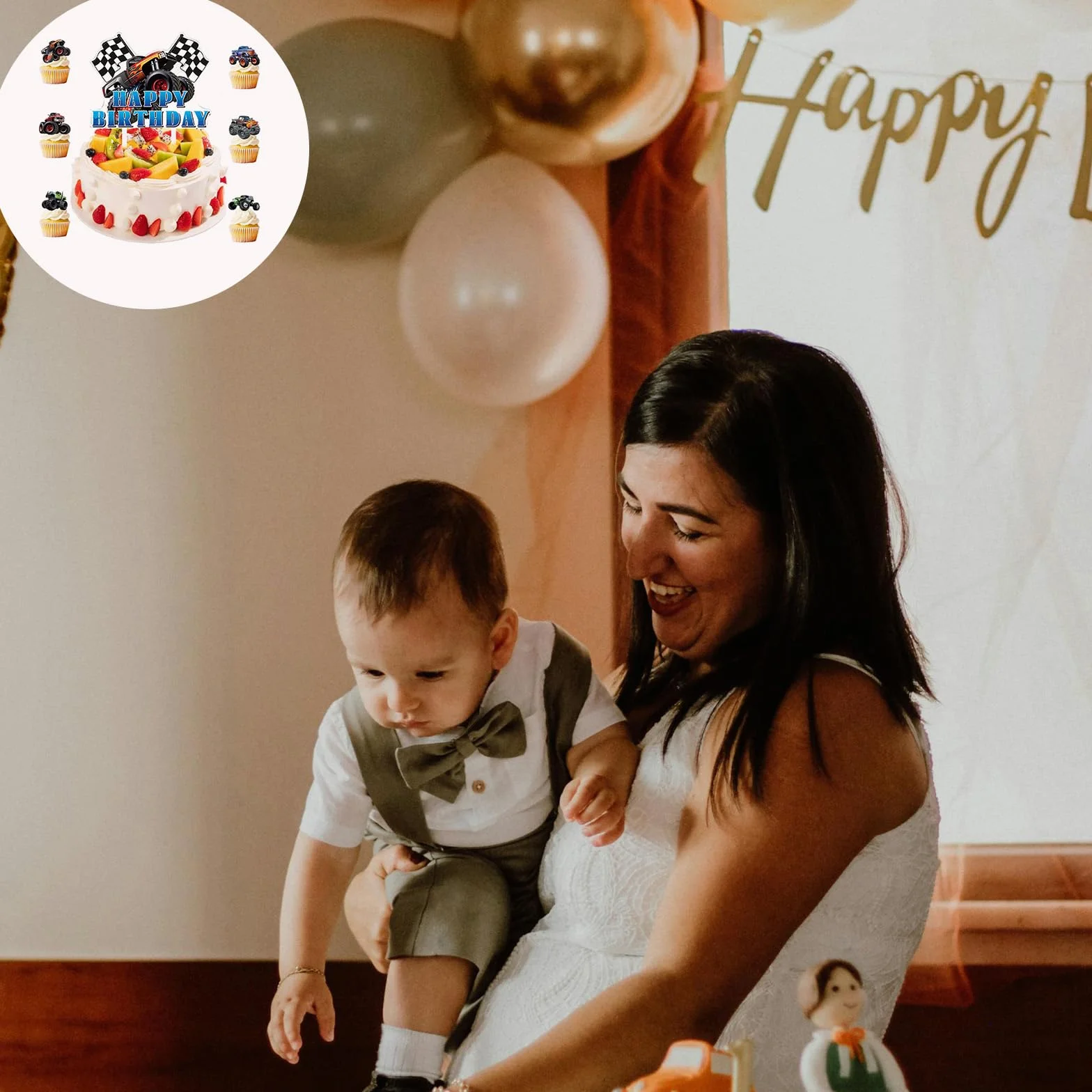 Monster Truck zestaw nakładek na tort – Happy Birthday dla chłopców – dekoracje na muffinki, nakładki na babeczki, akcesoria dla dzieci