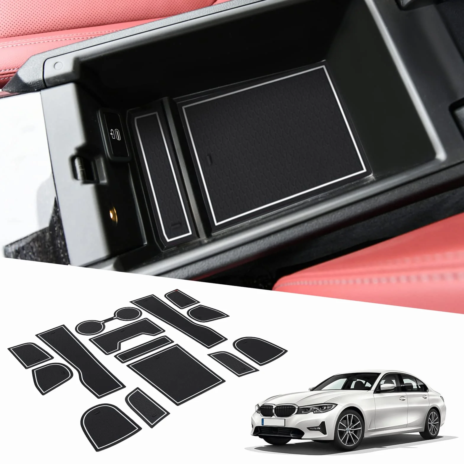 BIXUAN Kompatybilny z BMW serii 3 G20 G21 G28 2019-2023 2024 2025, maty antypoślizgowe, konsola środkowa, podłokietniki, gumowe maty do uchwytów na napoje, mata antypoślizgowa do drzwi
