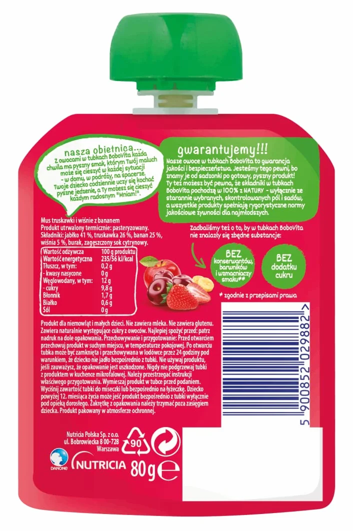 Bobovita Mus Owocowy Dla Dzieci Truskawka Wiśnia Banan 80g