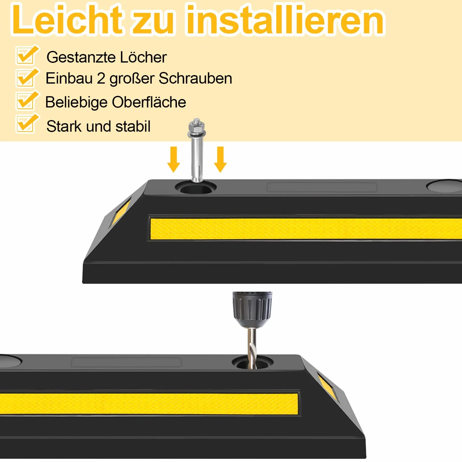 Sonnewelt 4 x gumowy stoper do kół, 54 x 15 x 10 cm, ogranicznik miejsca parkingowego, z żółtymi paskami odblaskowymi, stoper parkingowy ze śrubą rozszerzającą, blokada parkingu do parkingu, garażu,