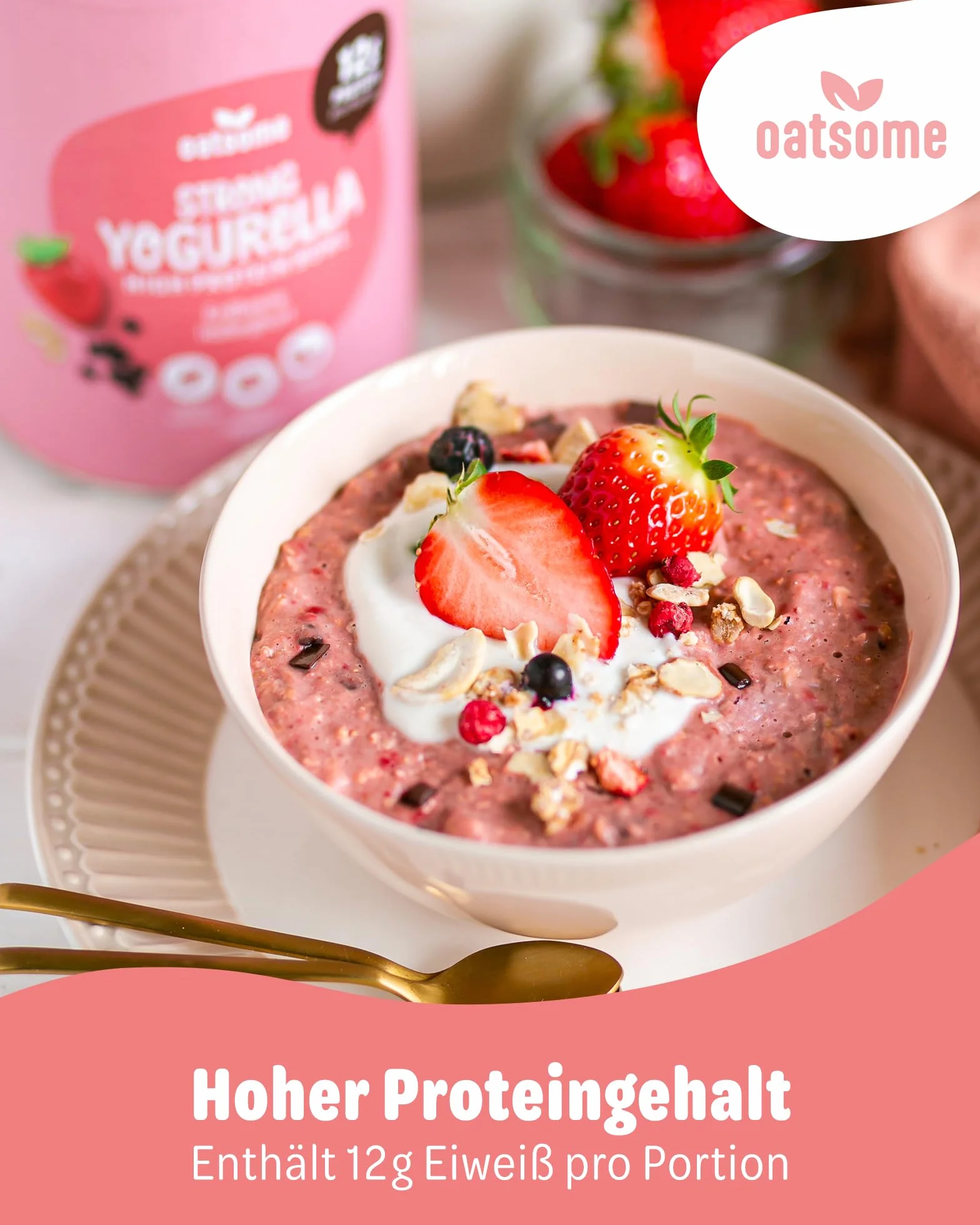 OATSOME Strong Yogurella miska wysokobiałkowa truskawki gurt owsiany czekoladowe chipsy 12 g białka wegańskie bez rafinowanego cukru