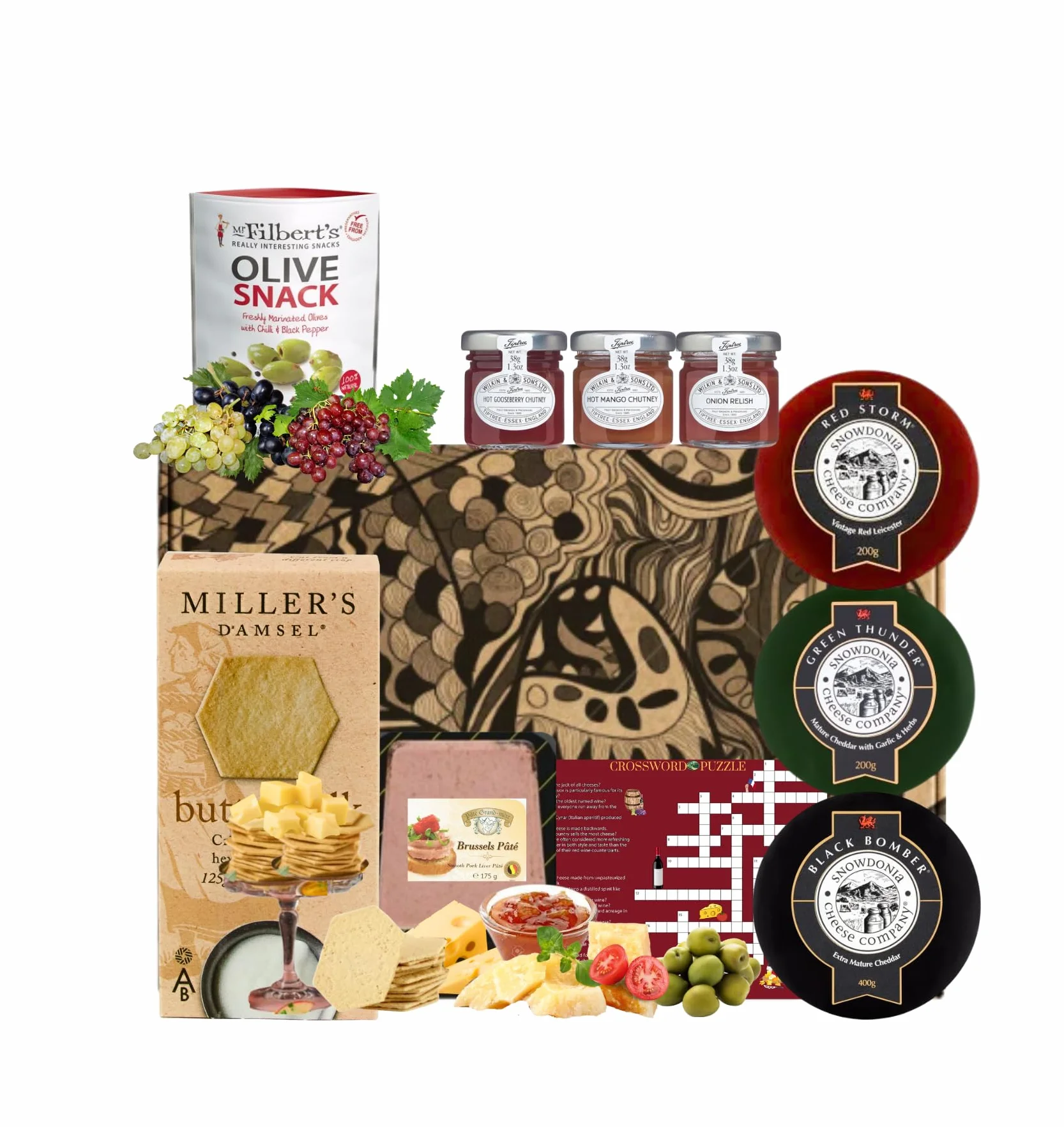 Ant&Chid The Cheese Hampers kosz prezentowy, 3 nagradzane sery, pasztet, cebula karmelizowana i figowa chutney z jabłek, oliwki, maślane ciasteczka mleczne, zestaw upominkowy dla mężczyzn i kobiet