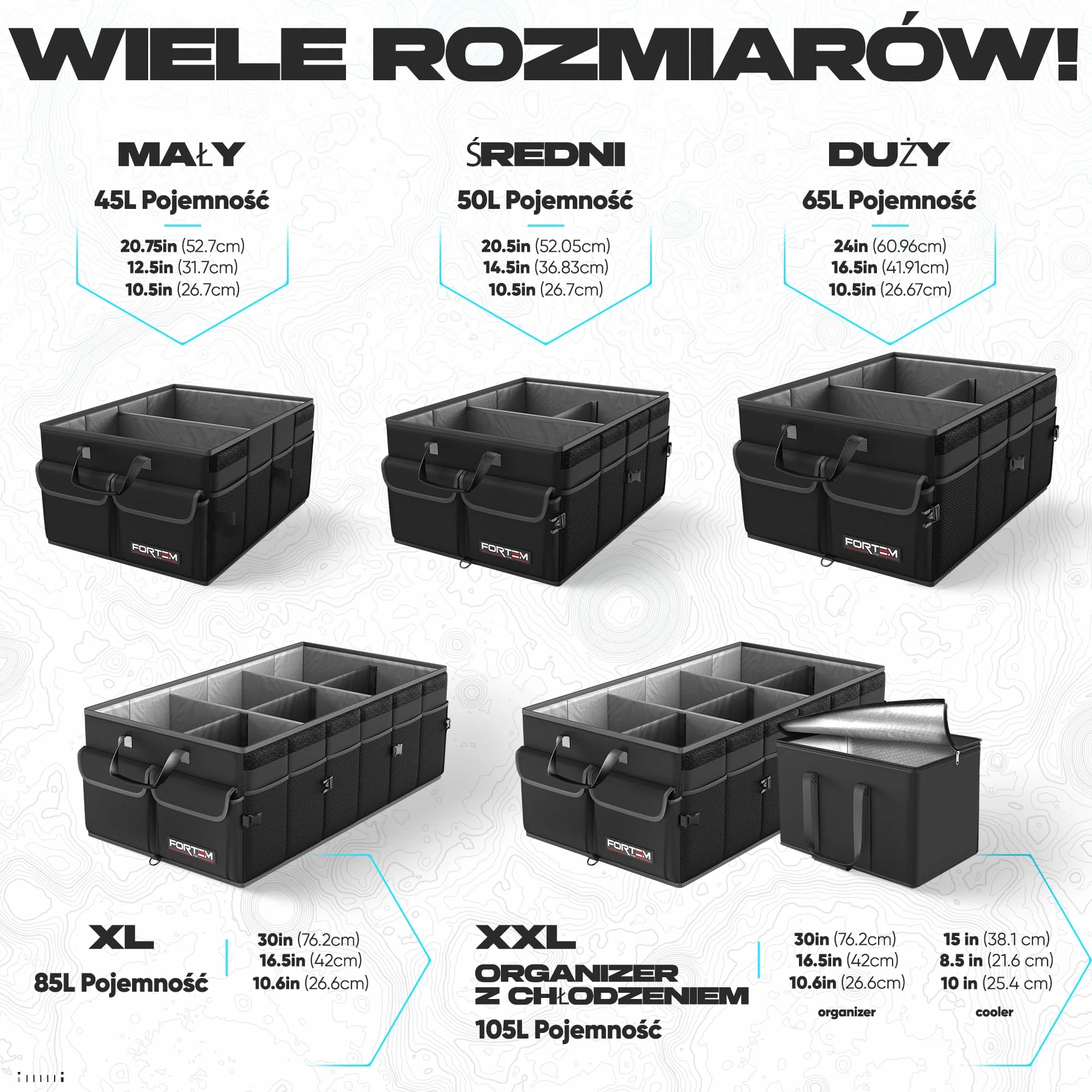 FORTEM Organizer do Bagażnika, Składany Pojemnik Samochodowy do SUV, Torba na Akcesoria Auto, Wielokomorowy Schowek z Materiału 600D Oxford, Antypoślizgowy Spód, Pasy Mocujące, Pokrywa (65L)