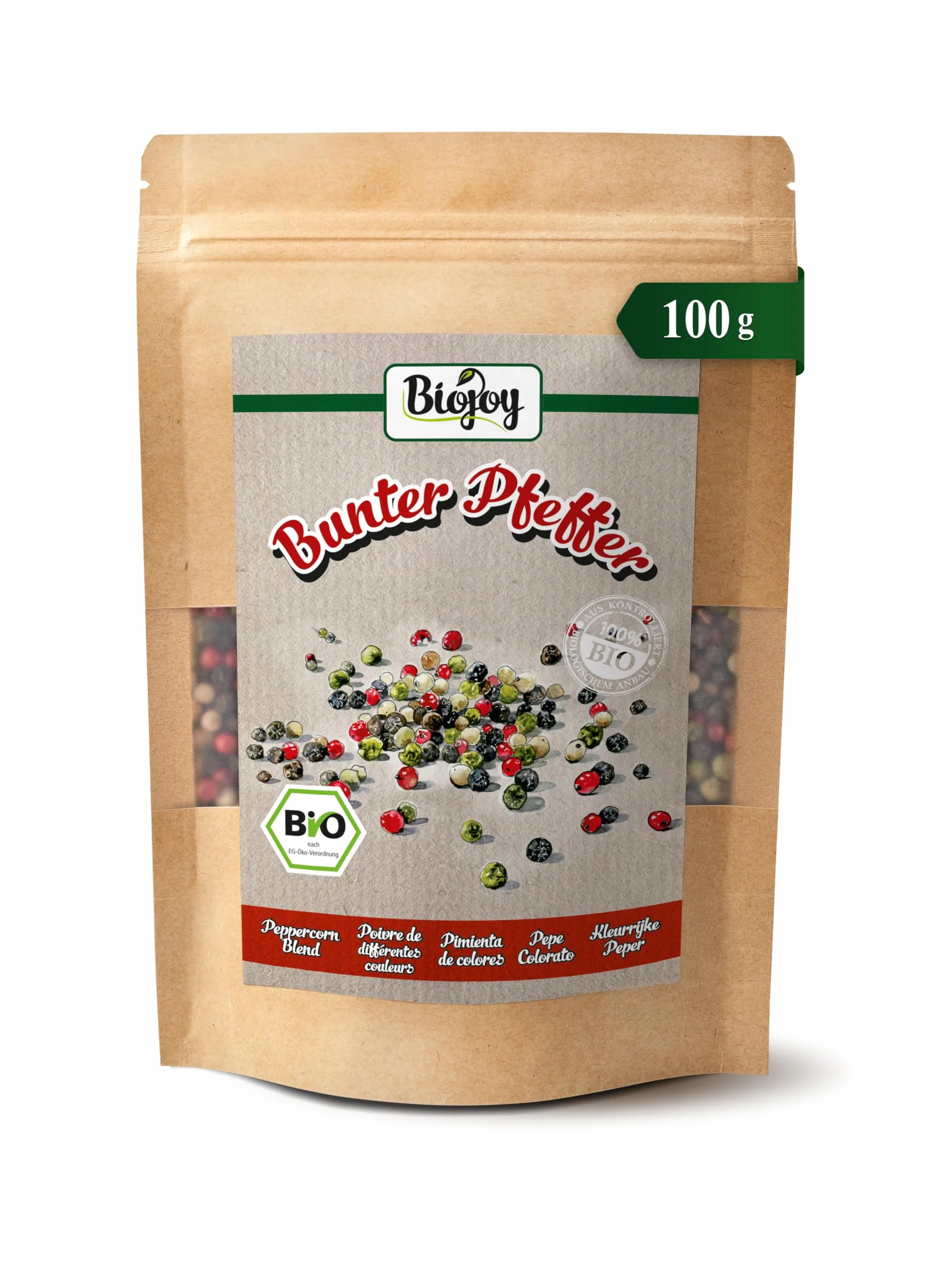 Biojoy Ekologiczny Pieprz kolorowy ziarnisty (100 g), Pieprz Mix (biały, czerwony, zielony, czarny)