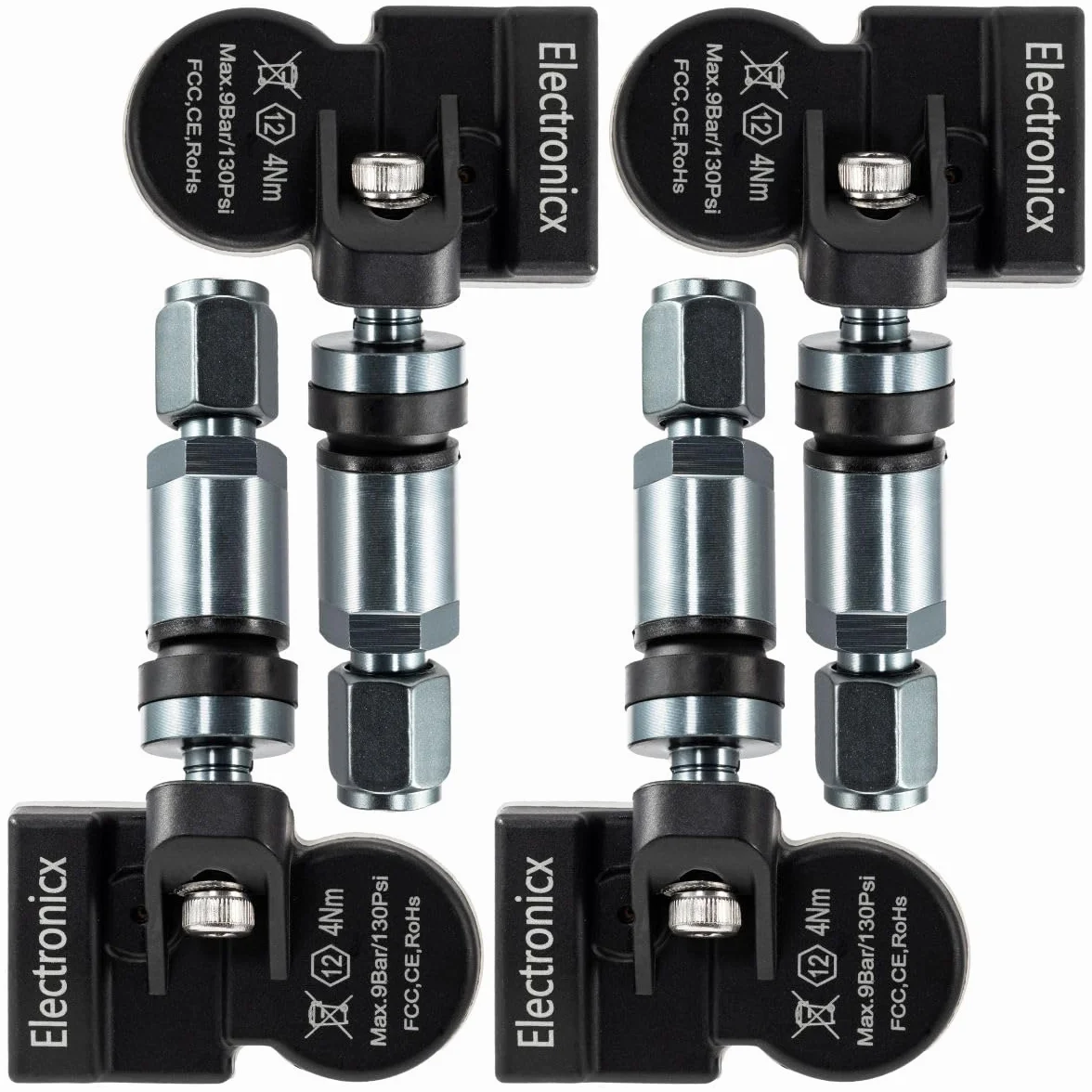 Electronicx 4 x RDKS czujnik kompatybilny z Toyota C-HR 2022-2025, wstępnie zaprogramowany, 433 MHz TPMS, czujnik ciśnienia w oponach, zawór metalowy, Gunmetal, zestaw 4 sztuk, zapasowe felgi