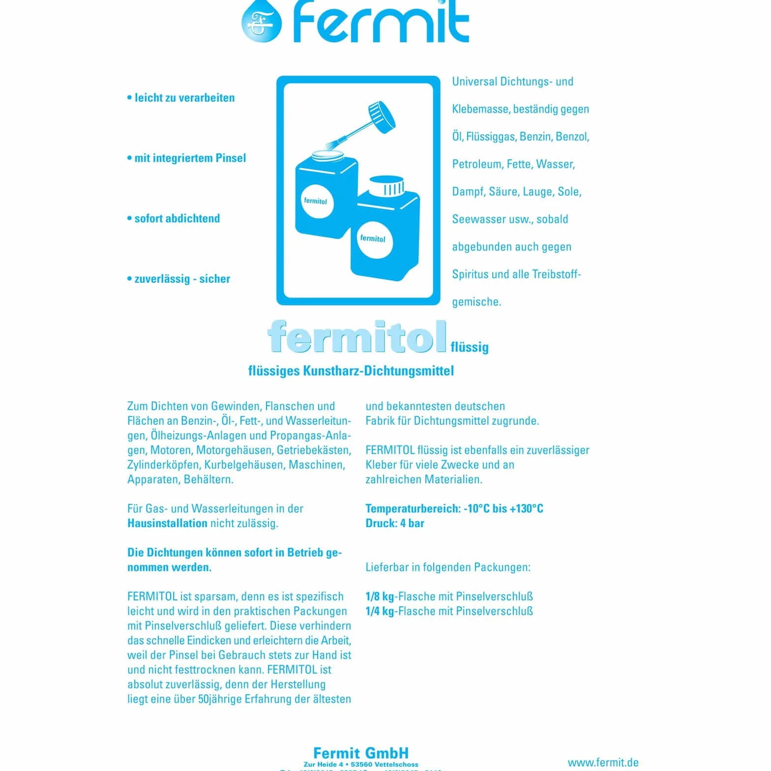 Fermit Fermitol 125 g butelka, płynny klej z żywicy syntetycznej, masa klejąca, masa uszczelniająca, uszczelnianie gwintów, odporny na olej, benzynę, tłuszcze i alkohol