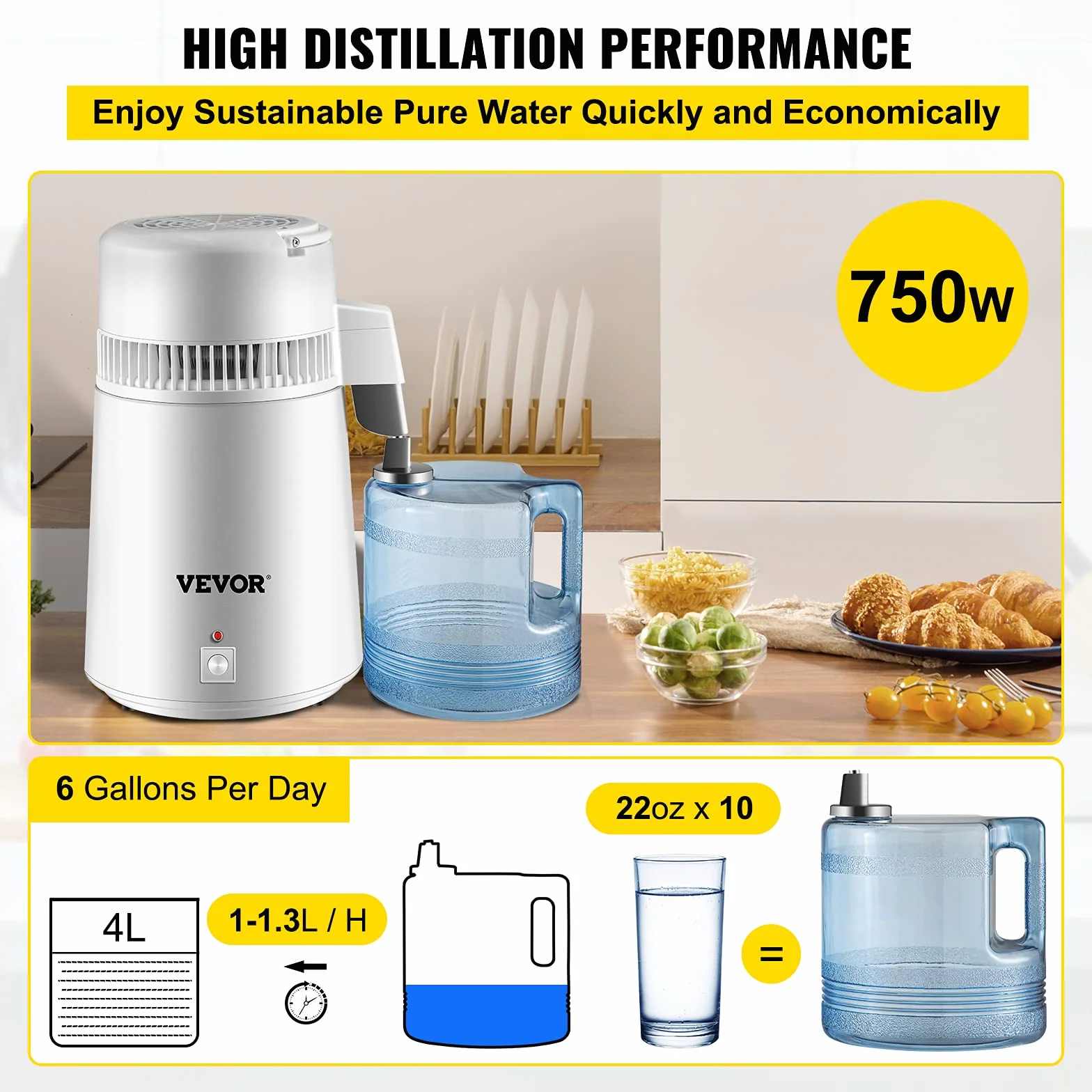 VEVOR Pure Water Distiller 4L Stal Nierdzewna 750W Destylarka Wody z Butelką