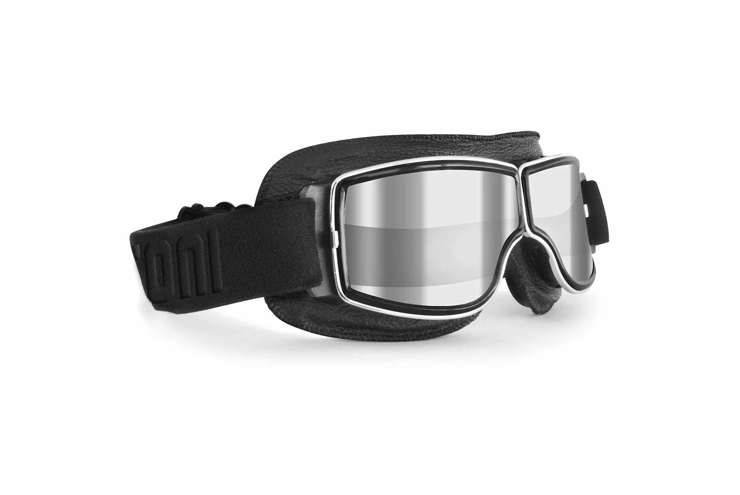 BERTONI Okulary motocyklowe w stylu vintage - czarne skórzane okulary Aviator do kasków (przezroczyste srebrne soczewki lustrzane)