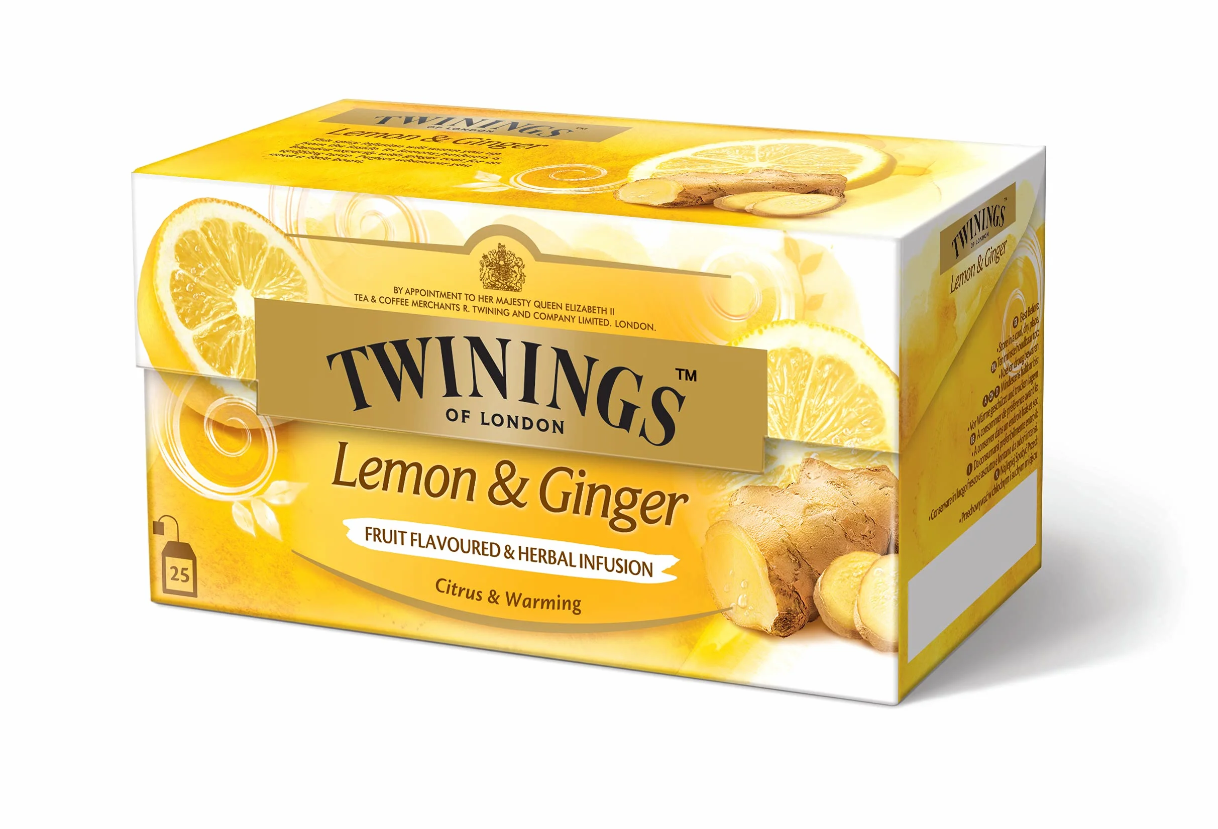 Twinings Herbata z cytryny i imbiru to pikantna mieszanka o smaku cytrynowo-imbirowym, która wprawi Cię w nastrojowy nastrój. 25 saszetek 1,5 g, 37,5 g, 3 szt. (3 x 38 g).