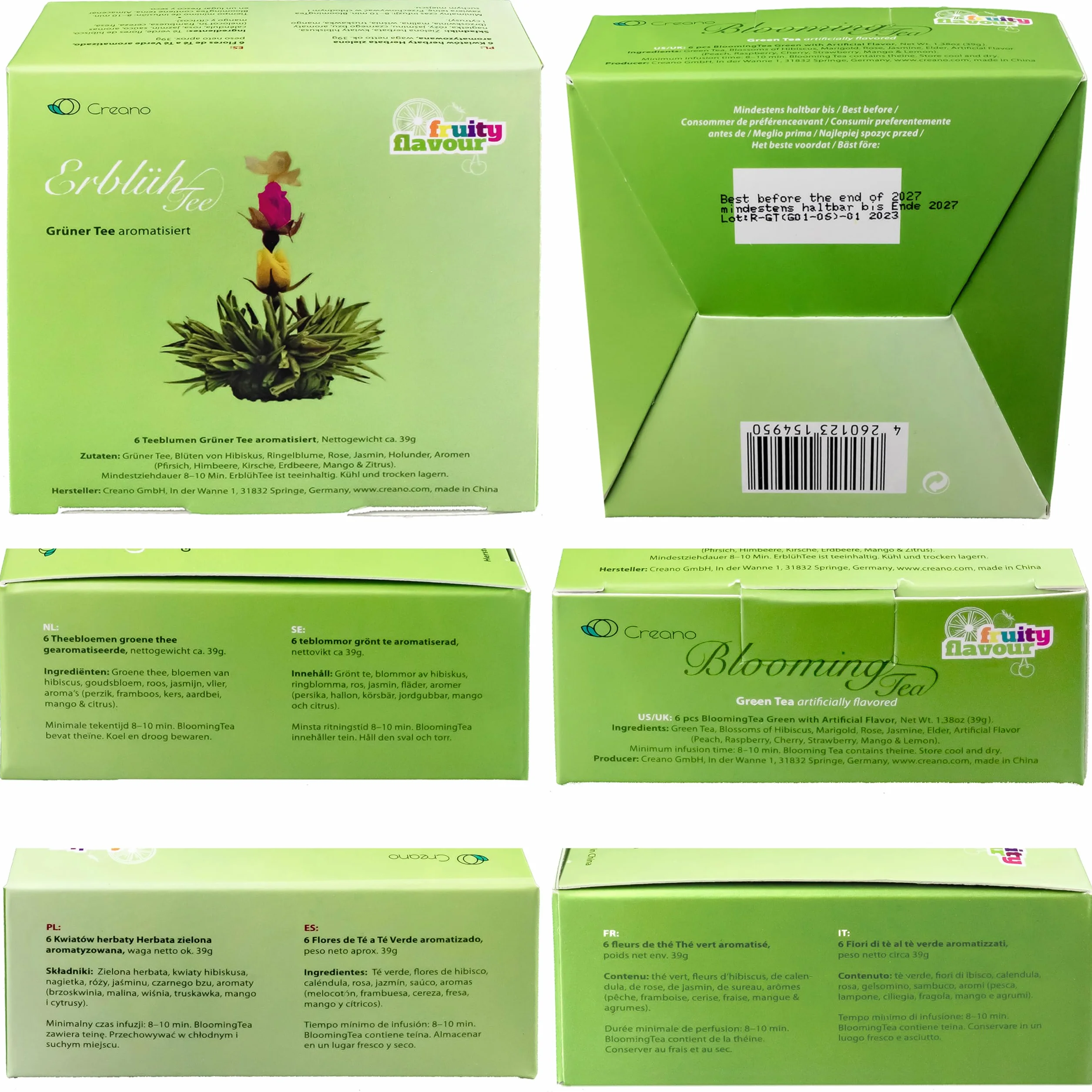 Creano Flowering Teas – Zestaw herbat kwitnących – Zielona herbata o owocowym smaku (6 różnych odmian róż herbacianych) Prezent dla kobiet, matek i miłośniczek herbaty