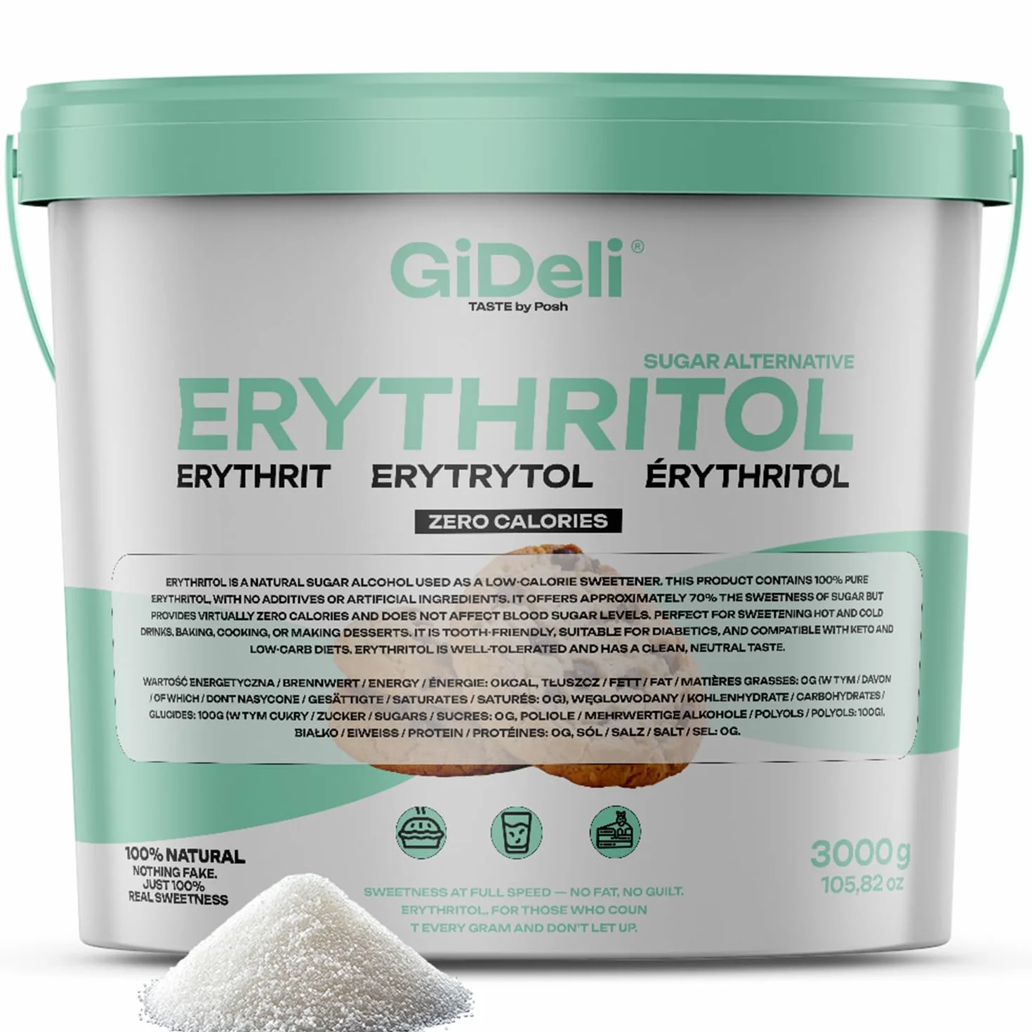 GiDeli Erytyt 3 kg w wiadrze Zamiennik cukru spożywczego dla wegańskich i przyjaznych zębom