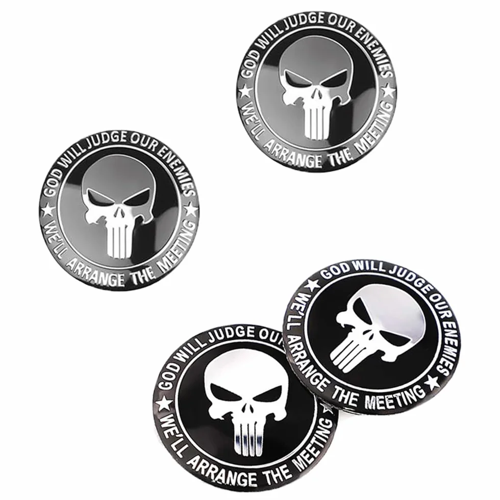 4 sztuki naklejki na piasty z motywem czaszki Punisher, naklejka na piasty, ozdobna naklejka na środek koła, kompatybilna z piastami o średnicy 56mm (srebrna)