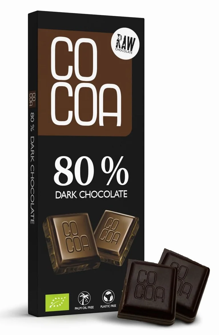 CO COA Ciemna czekolada 80%, ciemna czekolada BIO 40g. SUROWA z nieprażonych ziaren kakaowca, bez rafinowanego cukru, wegańska, z nektarem z kwiatów kokosa, gorzka czekolada dla pełnej przyjemności