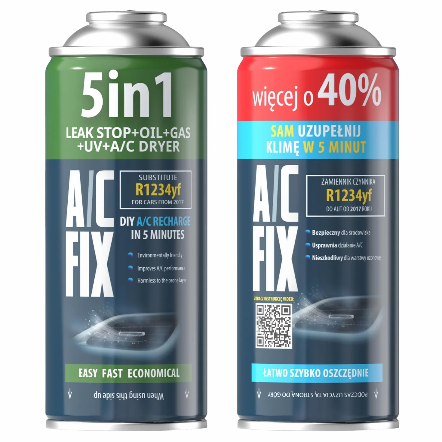 AC FIX 5w1 – Czynnik Chłodniczy R1234yf + 2w1 do Samochodowej Klimatyzacji z Olejem, Uszczelniaczem, Barwnikiem UV, Osuszaczem - Szybka Aplikacja - Chroni Sprężarkę