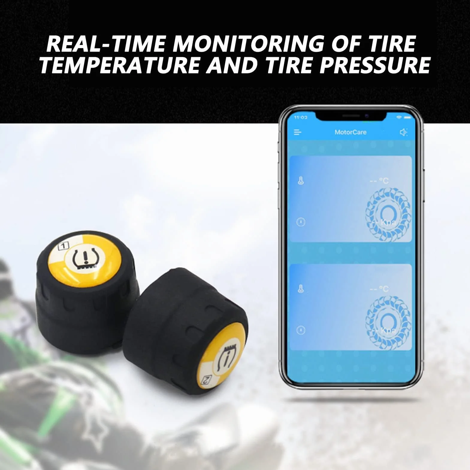 Czujnik Ciśnienia w Oponach, Zewnętrzny Czujnik Bluetooth TPMS 2 System Monitorowania Ciśnienia w Oponach Alarm Temperatury w Czasie Rzeczywistym dla Motocykla