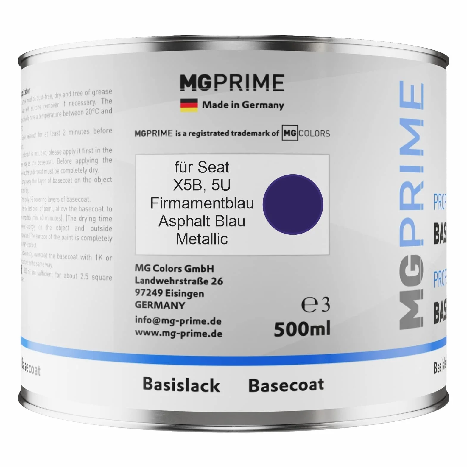 MG PRIME Lakier samochodowy Puszka gotowa do natrysku dla Seat X5B / 5U Firmamentblau/Asphalt Blau Metallic Lakier bazowy 0,5 litra 500ml