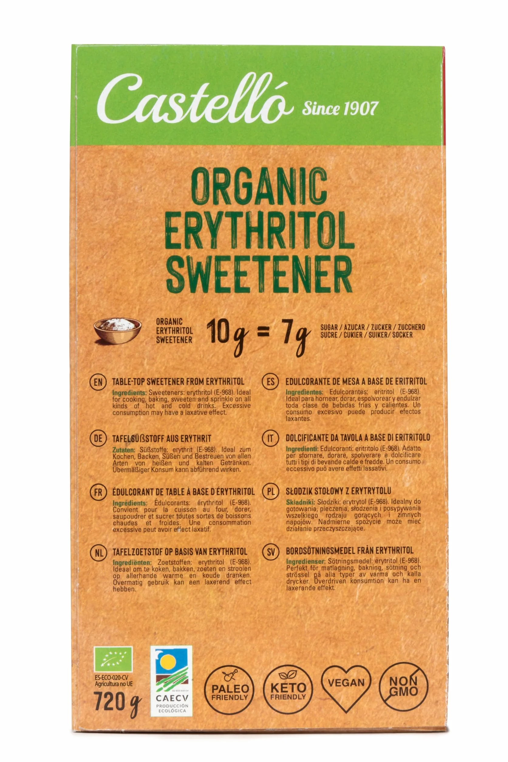 Castello Słodzik z erytrytol Bio Organiczny 720g 144 saszetki 5g