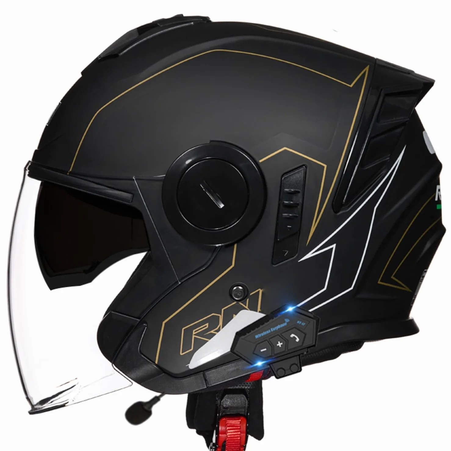 Kask motocyklowy w stylu vintage z Bluetooth Kask otwarty z podwójnym daszkiem przeciwsłonecznym 3/4 Pół twarzy Kask motocyklowy z homologacją DOTECE Scooter Cruiser dla dorosłych mężczyzn i kob