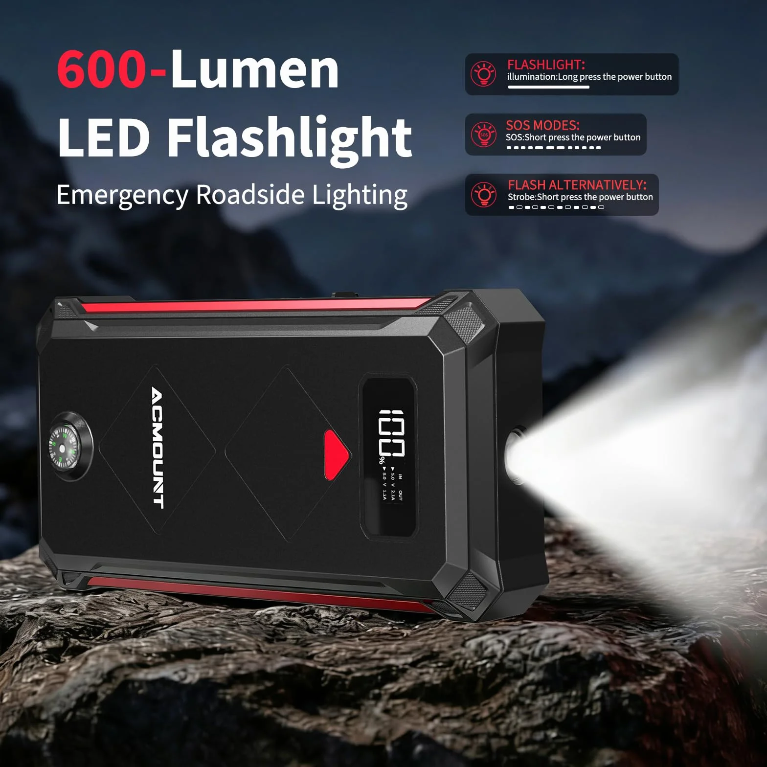 Acmount Powerbank Rozruchowy, 7000A Samochodowy Powerbank Rozruchowy do Osobowych, Rozrusznik (Do 12L Benzyna/10L Diesel), Booster Baterii z Latarką LED, Kablami Rozruchowymi, USB i Kompasem