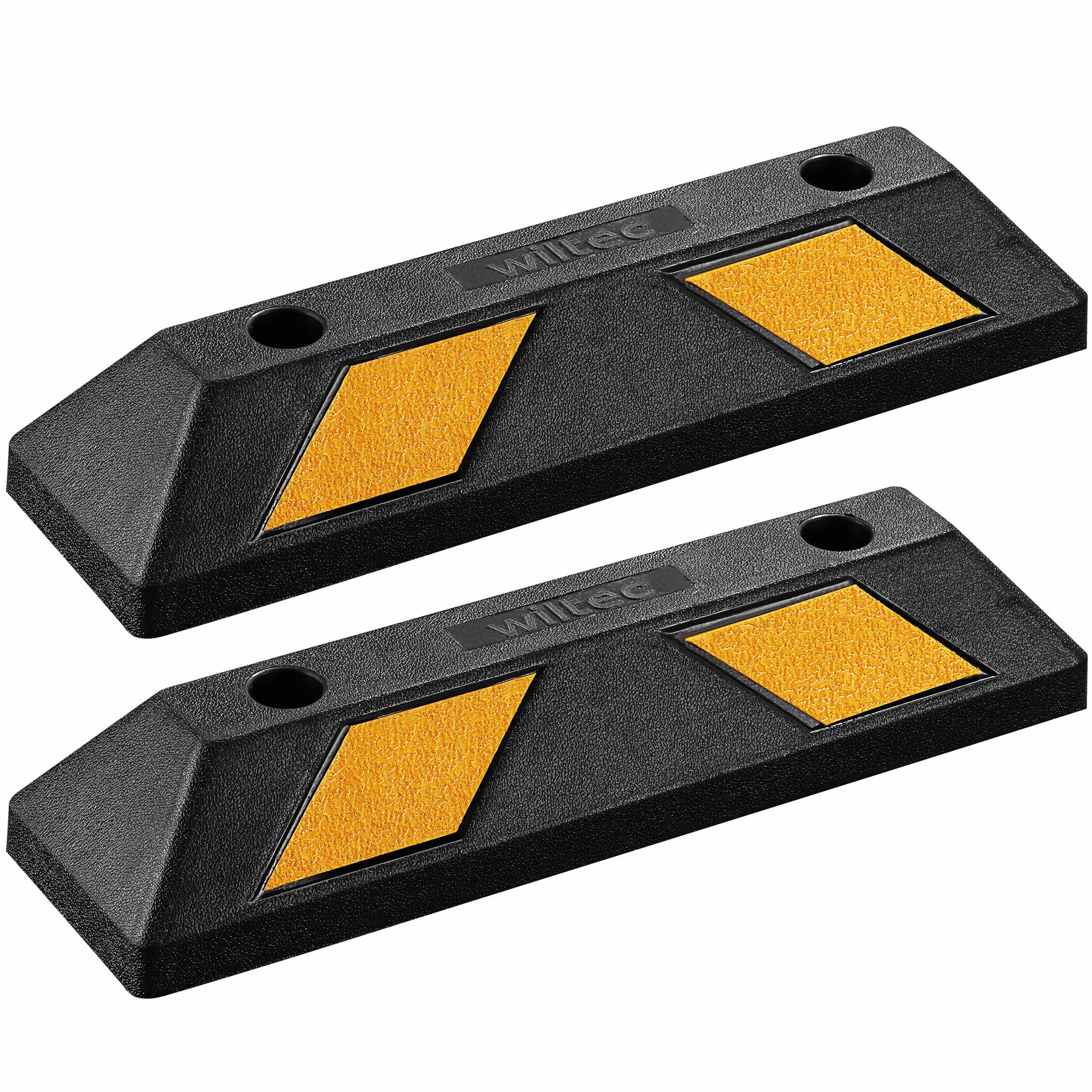 Wiltec Ogranicznik parkingowy 2 szt. 55 x 15 x 10 cm czarny z żółtą taśmą odblaskową, odbojnik gumowy do garażu i parkingu
