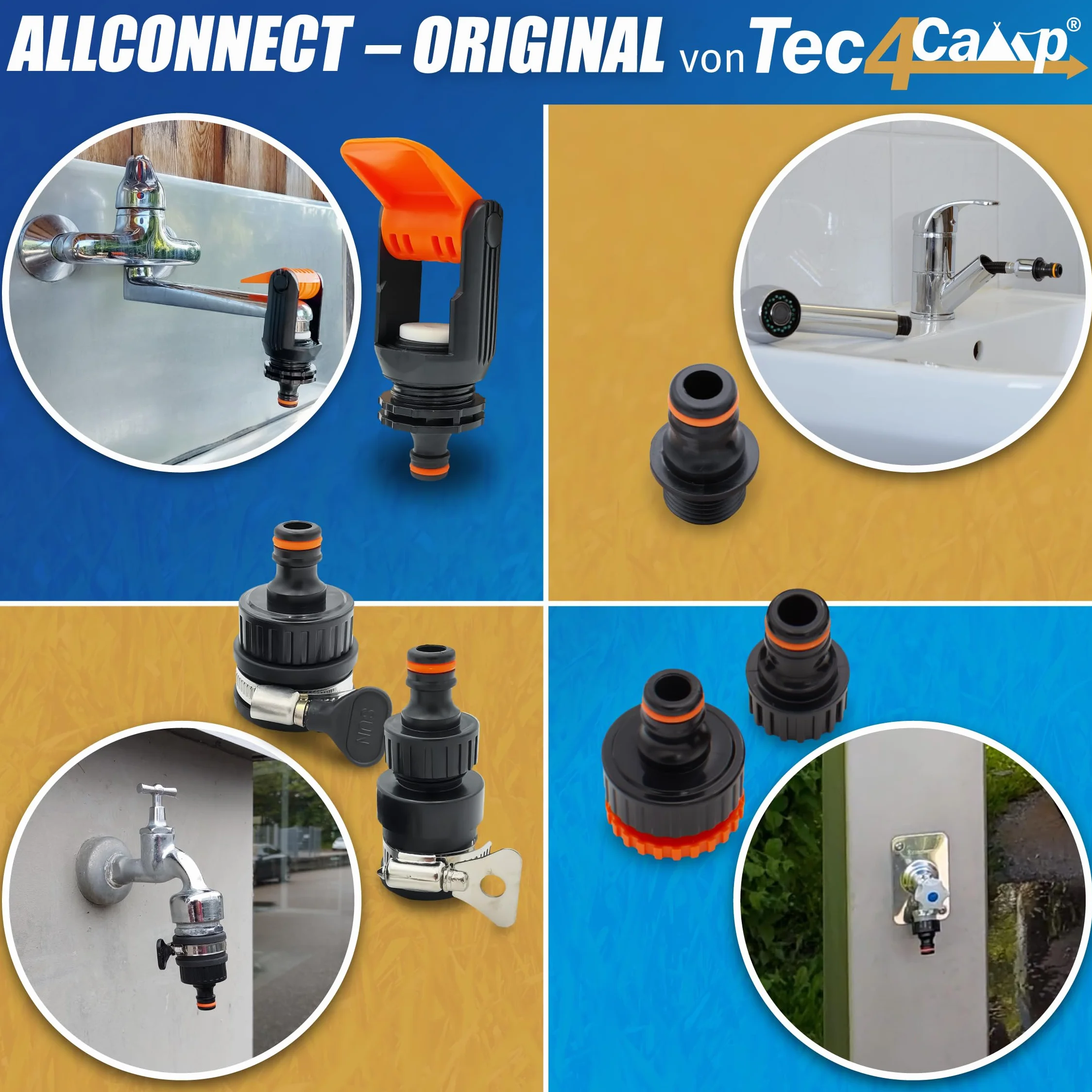 MaJoCompTec® ALLCONNECT uniwersalny zestaw przyłączeniowy do kranu, regulowane przyłącze do kranu zewnętrznego, bez gwintu, do przyczepy kempingowej, łodzi, zestaw adapterów (zestaw złodzieja wody)